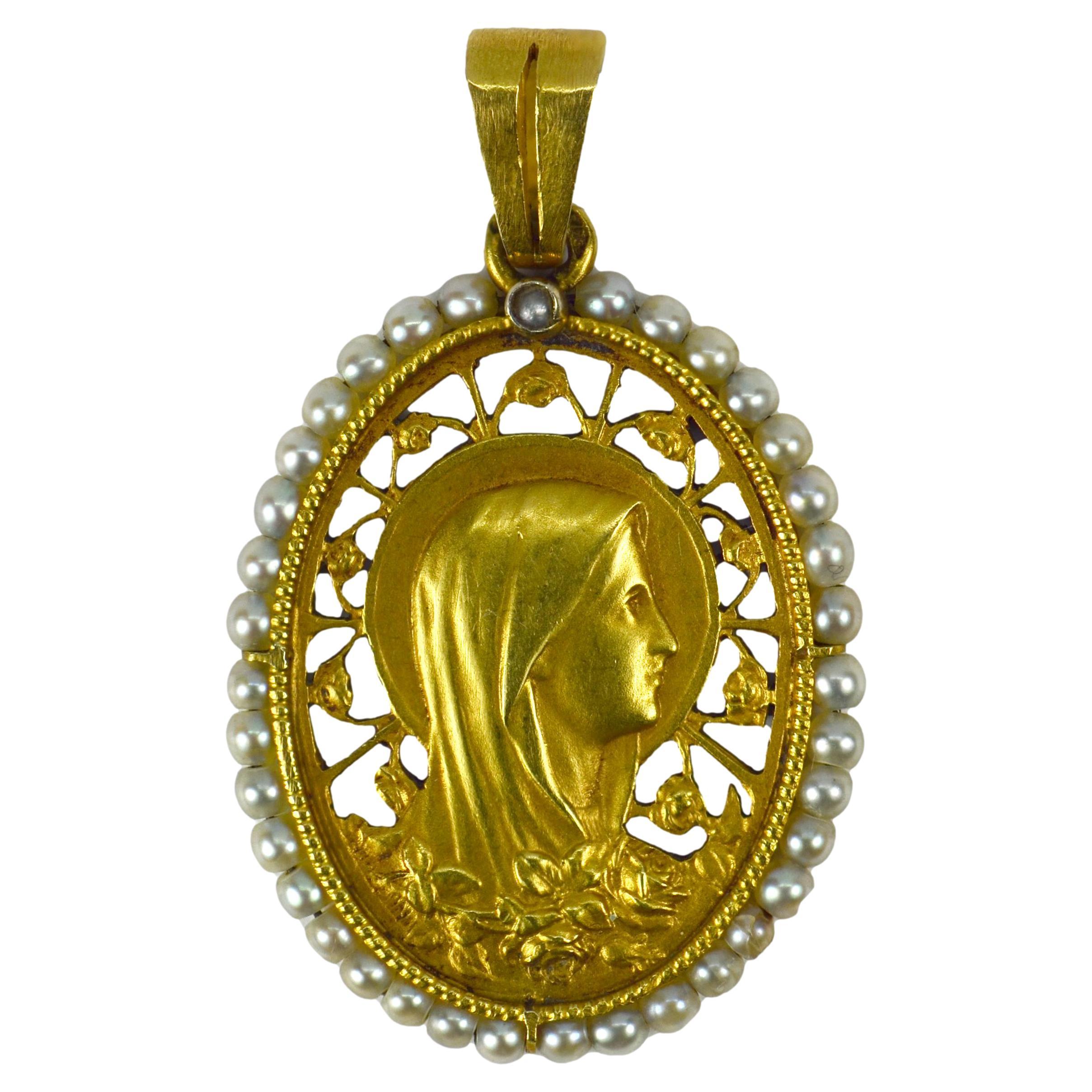 French Virgin Mary 18K Yellow Gold Mother of Pearl Enamel Charm Pendant ...