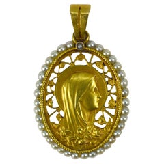 French 18K Yellow Gold Pearl Virgin Mary Charm Pendant