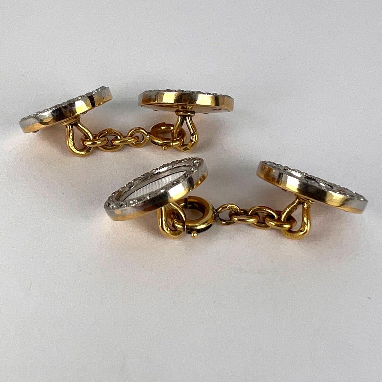 French 18K Yellow Gold Platinum Diamond and Enamel Cufflinks For Sale 8