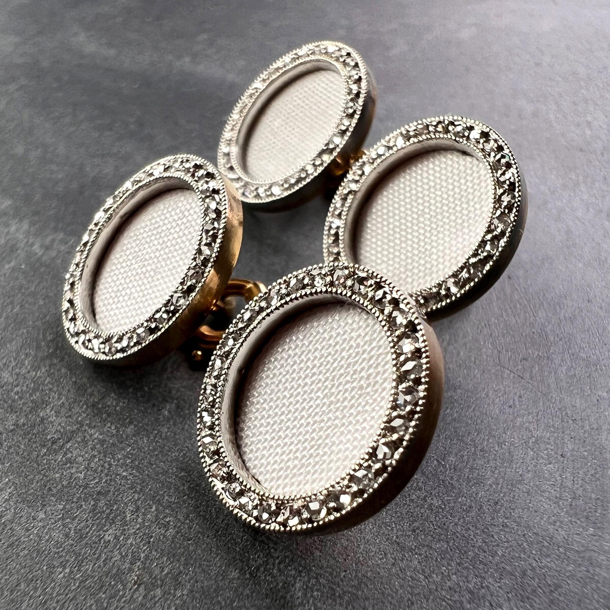 Art Deco French 18K Yellow Gold Platinum Diamond and Enamel Cufflinks For Sale