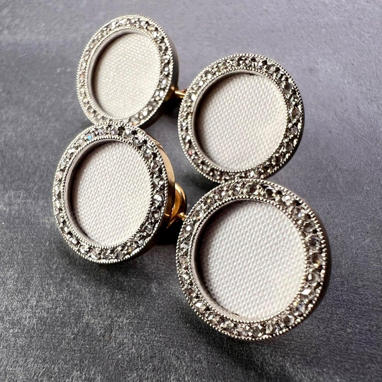 Rose Cut French 18K Yellow Gold Platinum Diamond and Enamel Cufflinks For Sale