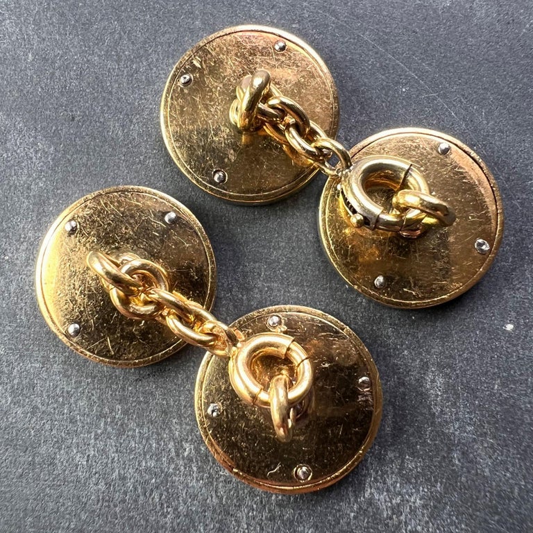 French 18K Yellow Gold Platinum Diamond and Enamel Cufflinks In Good Condition For Sale In London, GB