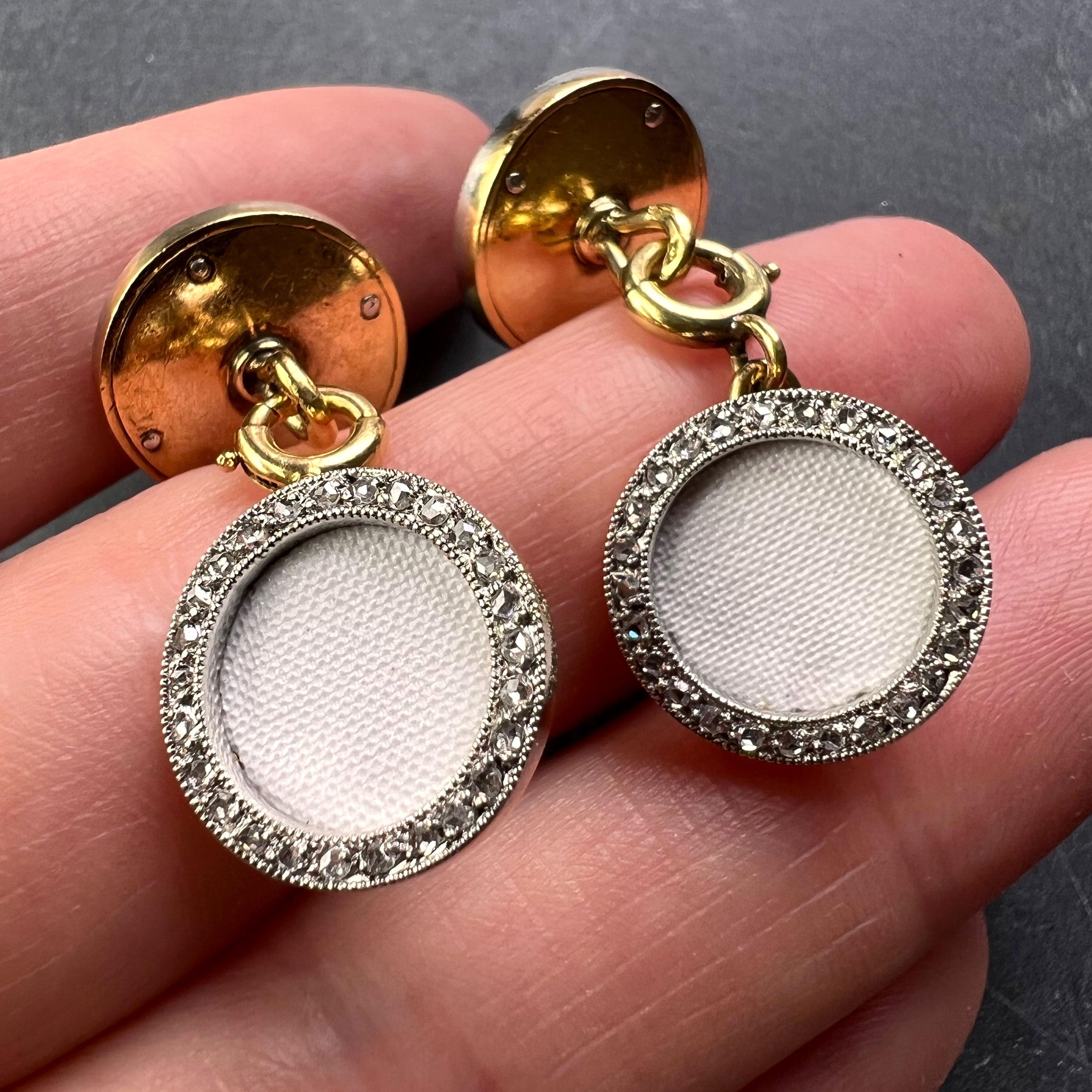 French 18K Yellow Gold Platinum Diamond and Enamel Cufflinks For Sale 1