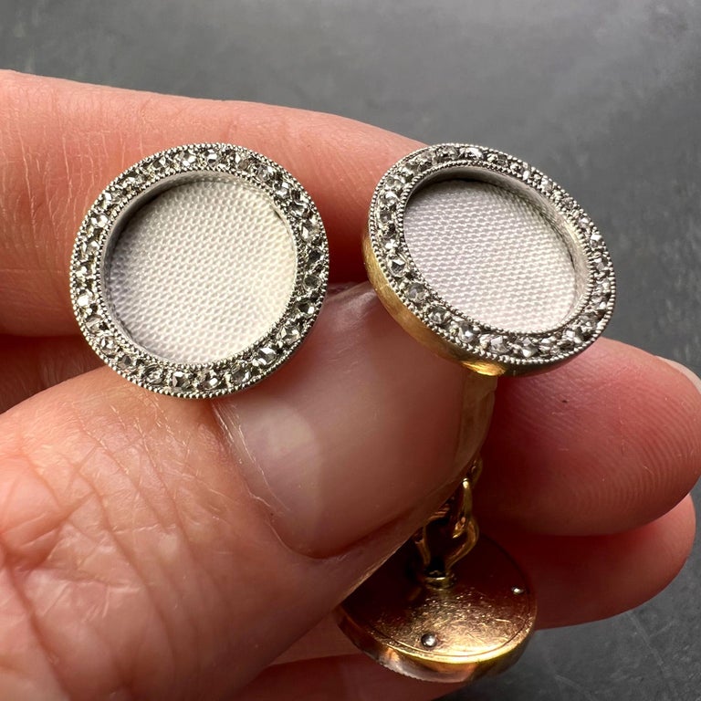 French 18K Yellow Gold Platinum Diamond and Enamel Cufflinks For Sale 2