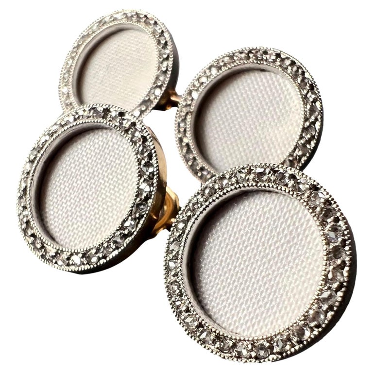 French 18K Yellow Gold Platinum Diamond and Enamel Cufflinks For Sale