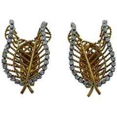 French 18k Yellow Gold, Platinum 
Diamond Leaf Motif Clip-On Earrings C. 1960s