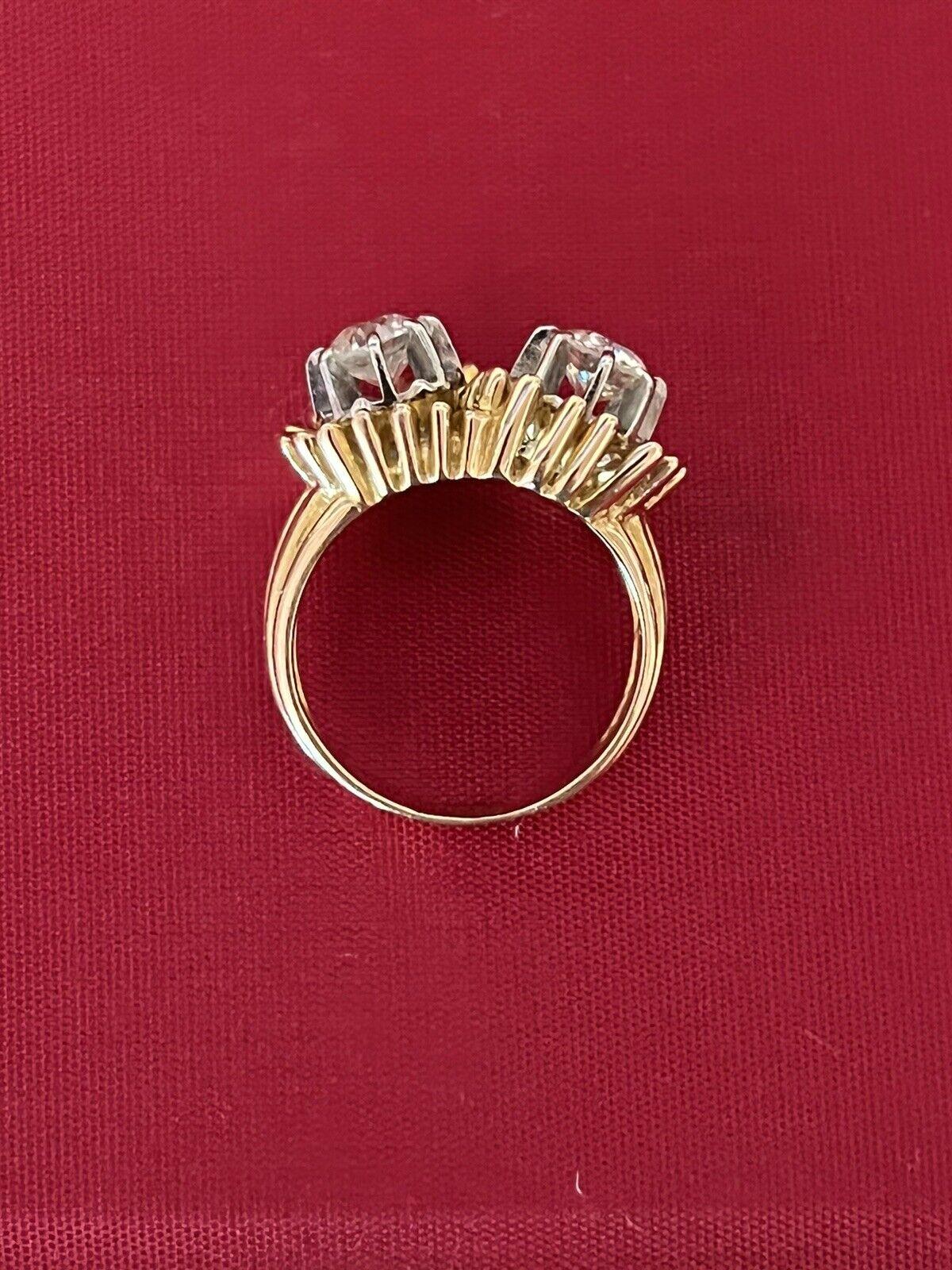 Round Cut French, 18k Yellow Gold, Platinum & Two Stone Diamond Ring Circa 1940s Retro