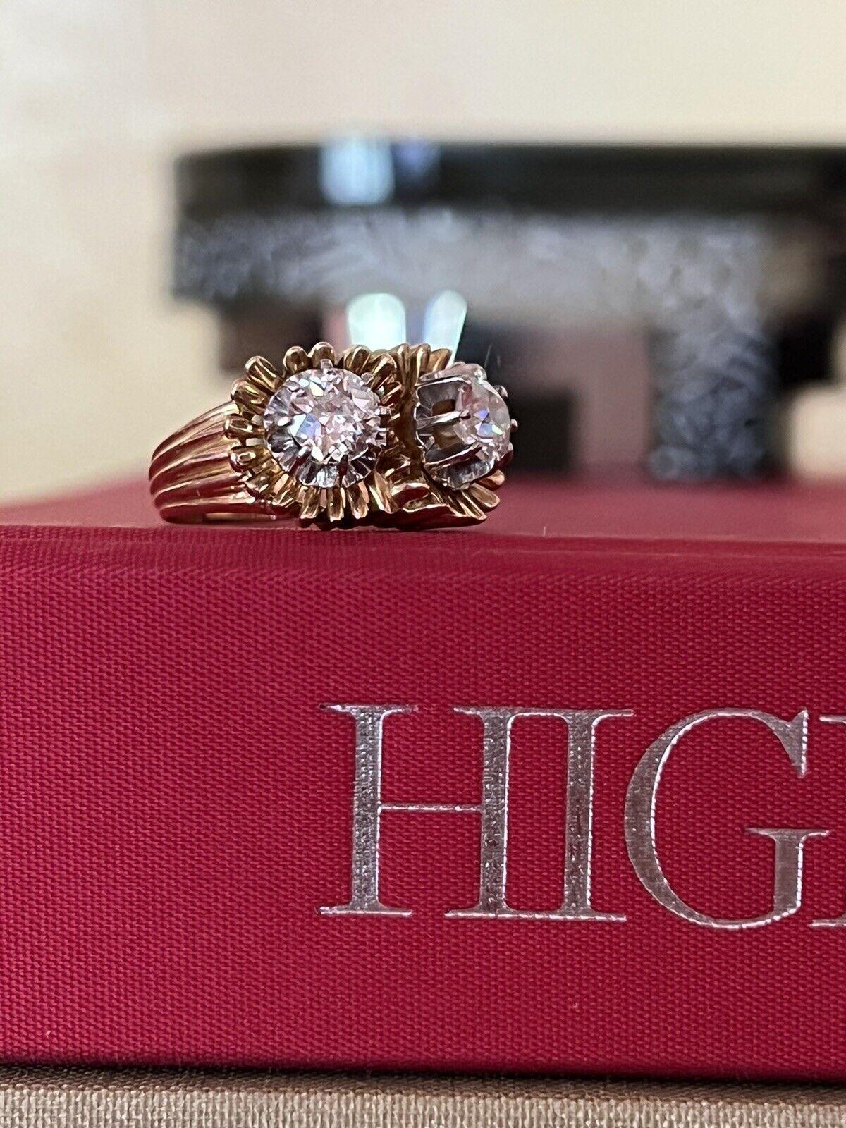 French, 18k Yellow Gold, Platinum & Two Stone Diamond Ring Circa 1940s Retro In Excellent Condition In Beverly Hills, CA