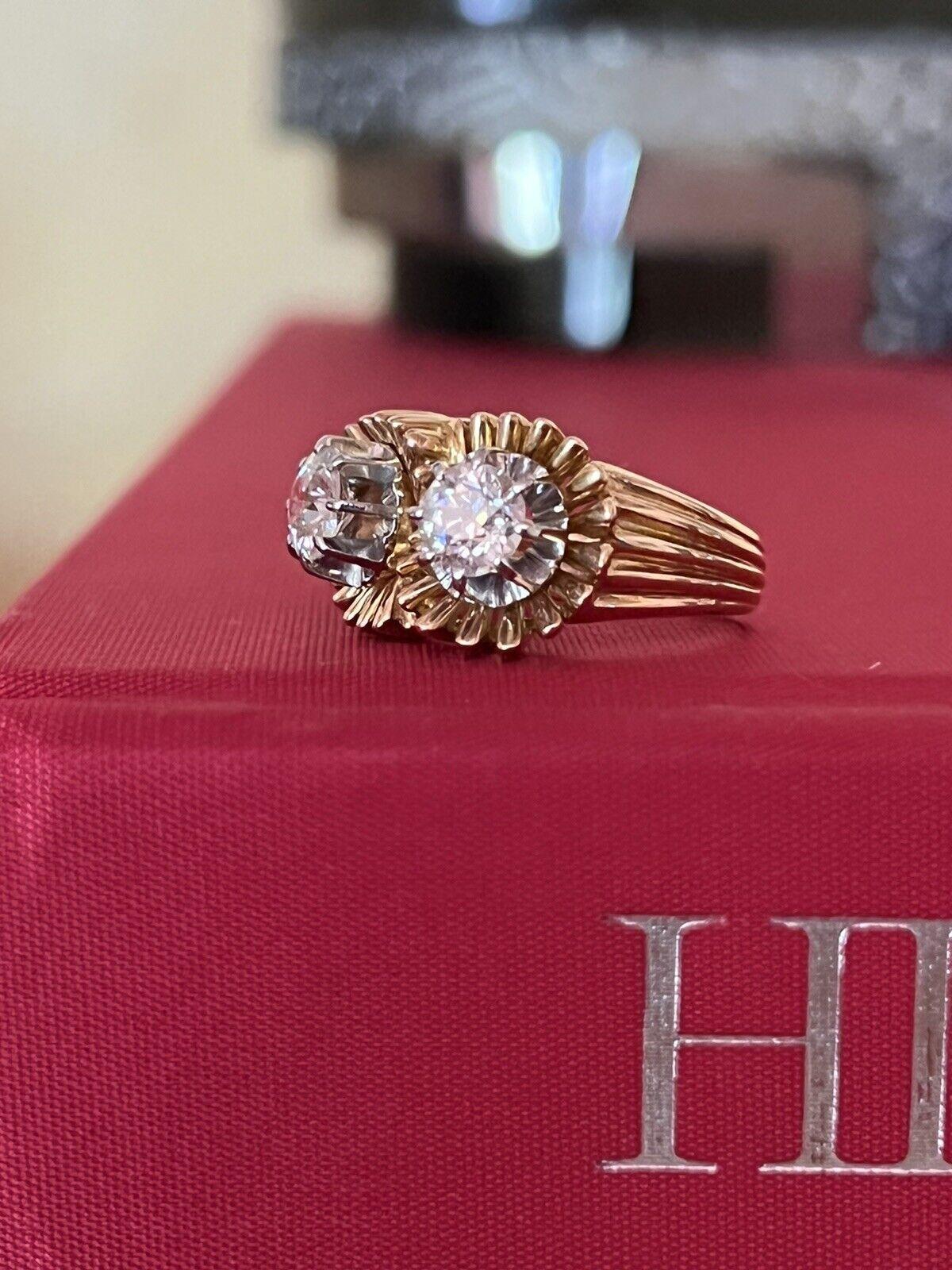 French, 18k Yellow Gold, Platinum & Two Stone Diamond Ring Circa 1940s Retro 3