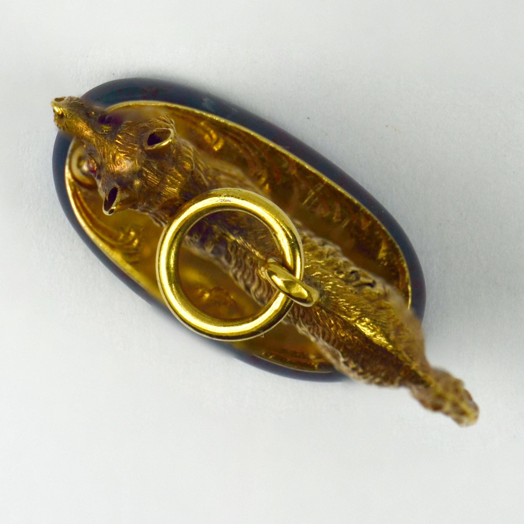 French 18 Karat Yellow Gold Red Ruby Bloodstone Fox Seal Charm Pendant 2