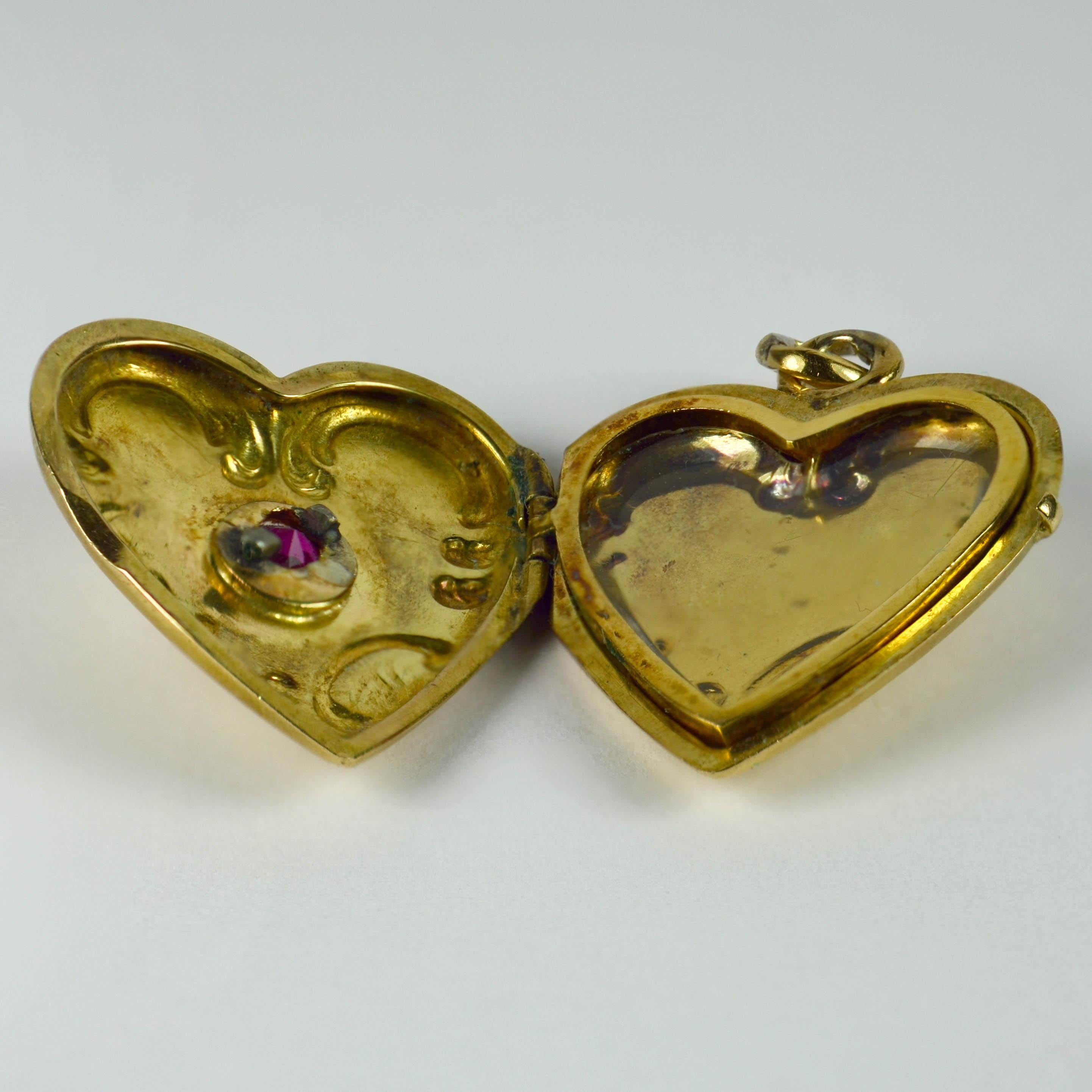 French 18 Karat Yellow Gold Red Ruby Heart Locket Charm Pendant 2