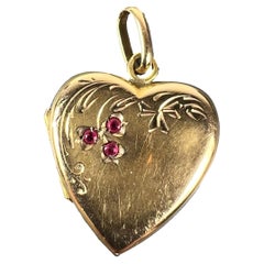 French 18K Yellow Gold Red Ruby Heart Locket Flower Charm Pendant
