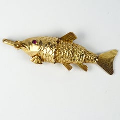 French 18 Karat Yellow Gold Red Ruby Large Articulated Fish Charm Pendant