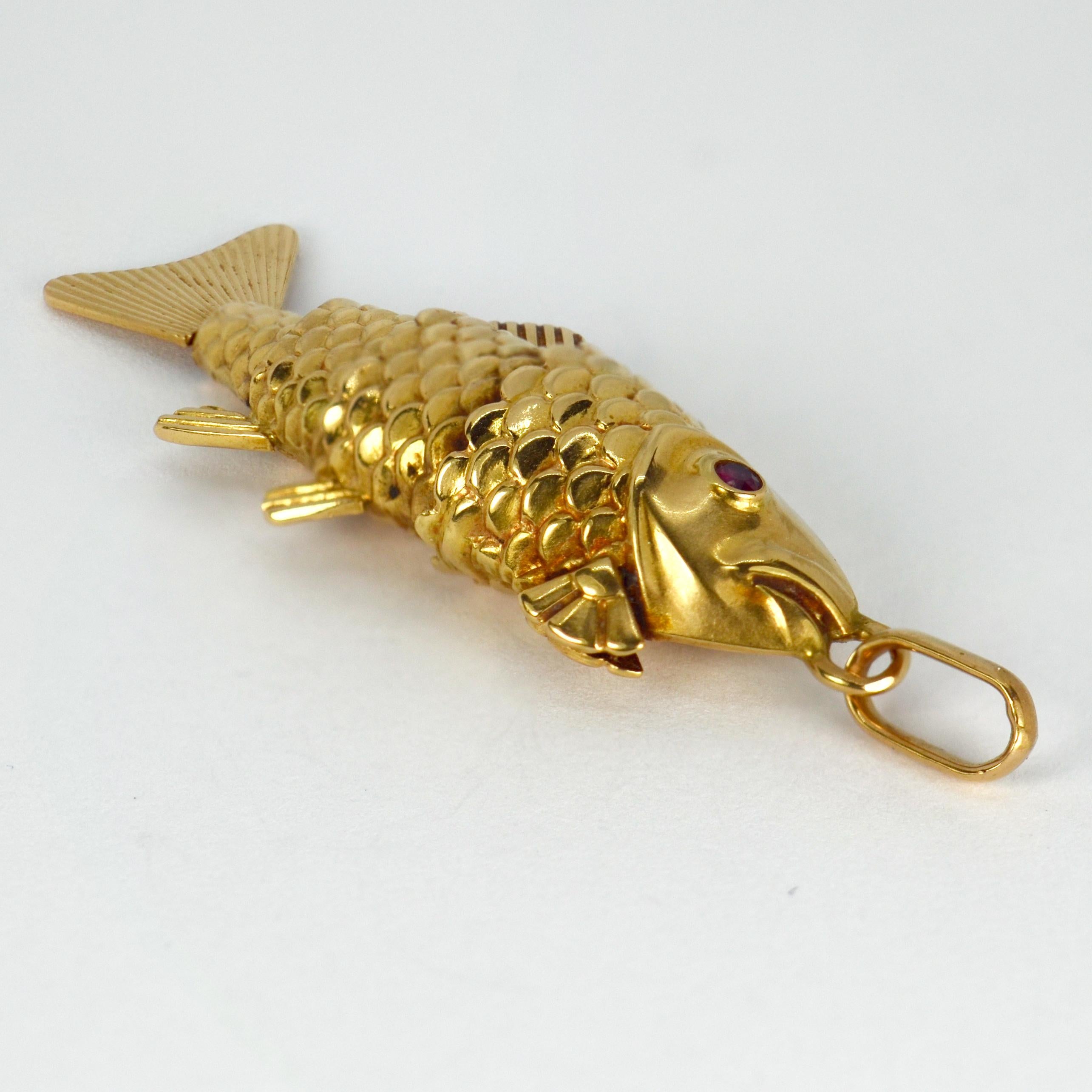 French 18 Karat Yellow Gold Red Ruby Large Articulated Fish Charm Pendant In Good Condition In London, GB