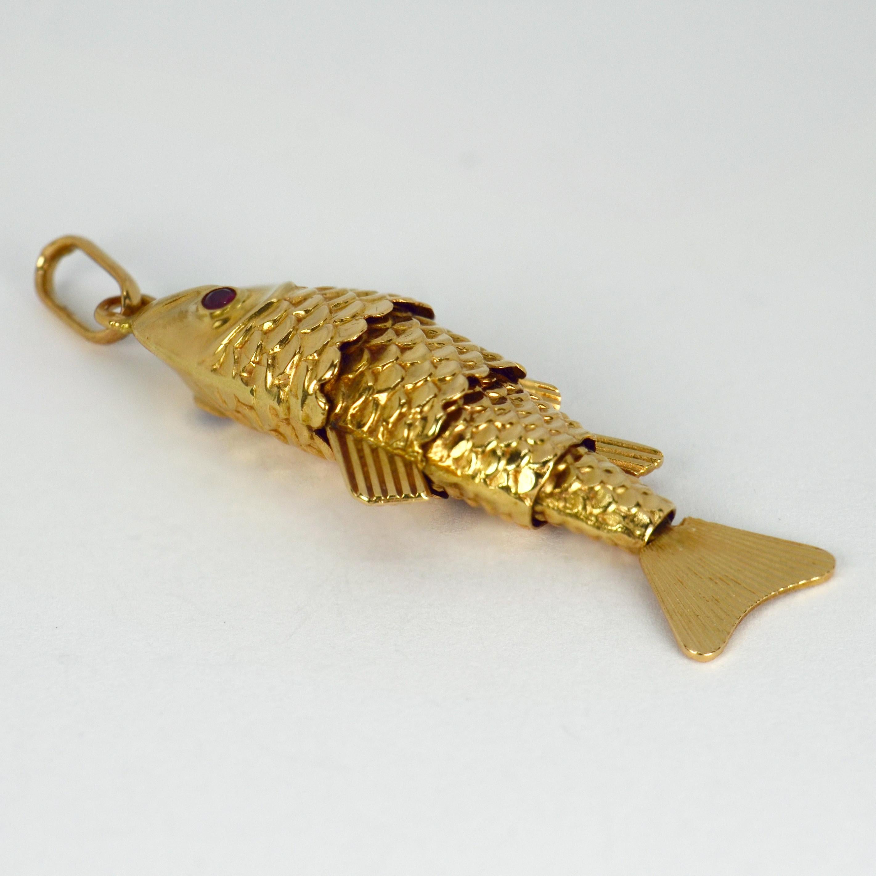 French 18 Karat Yellow Gold Red Ruby Large Articulated Fish Charm Pendant 1