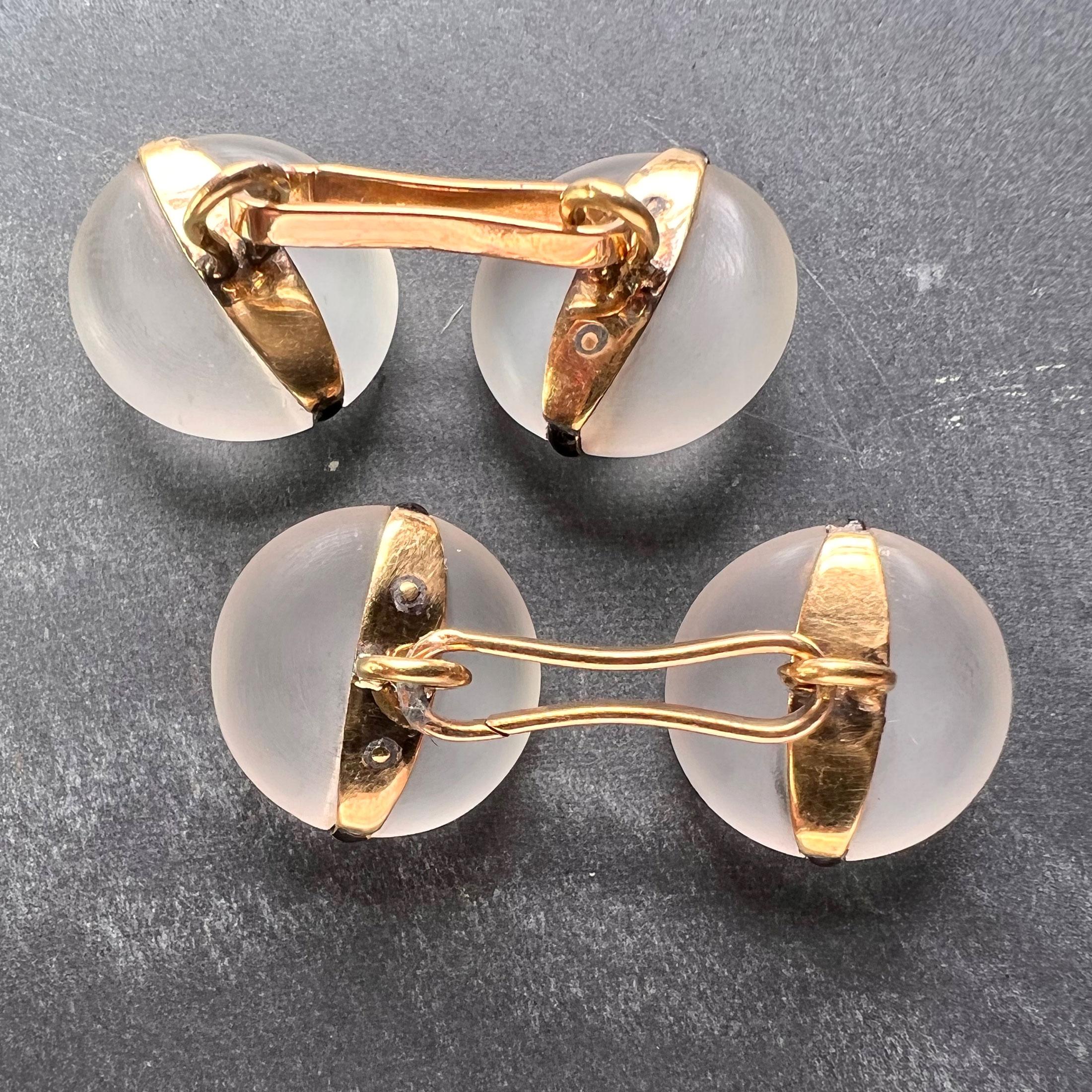 French 18K Yellow Gold Rock Crystal Enamel Stripe Cufflinks In Good Condition For Sale In London, GB