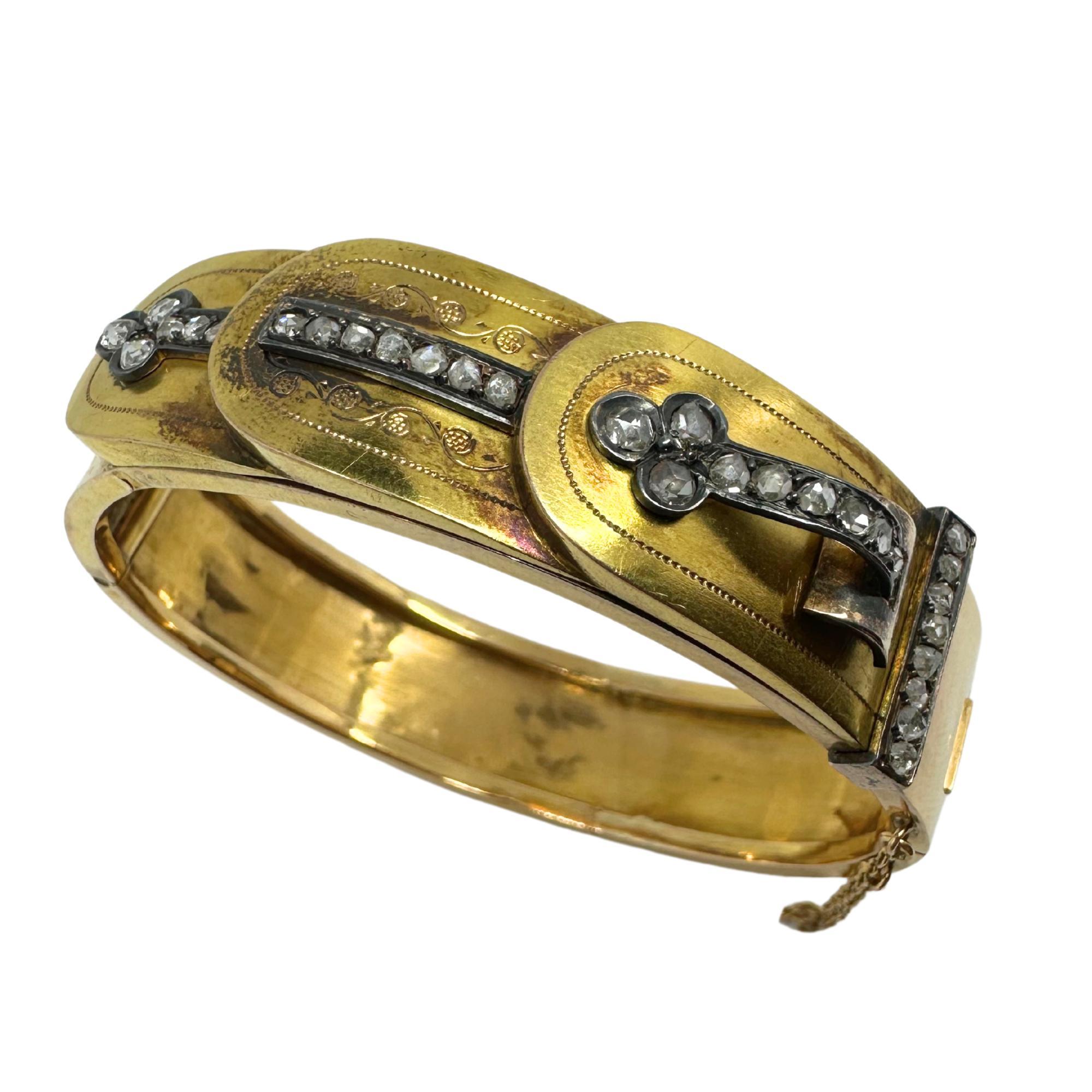 Victorian French 18K Yellow Gold Rose Cut Diamond Bangle For Sale