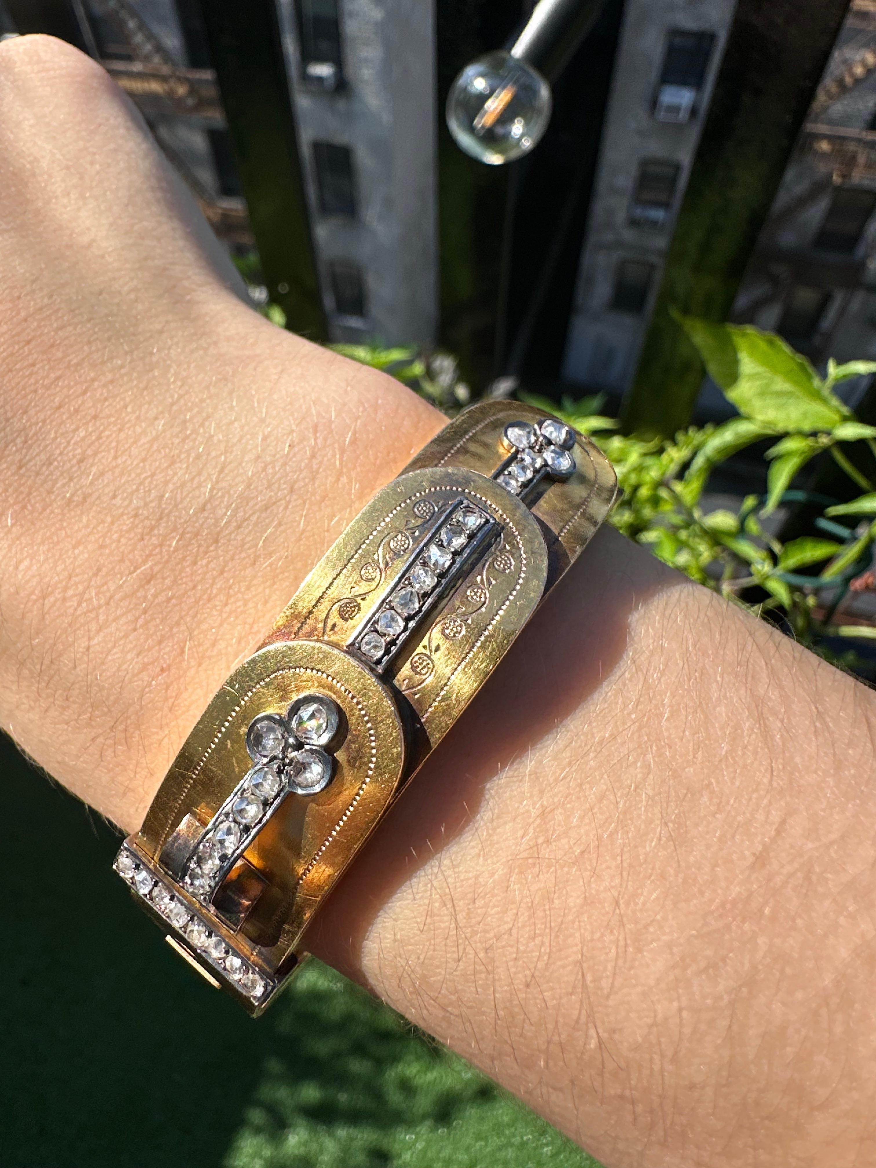 French 18K Yellow Gold Rose Cut Diamond Bangle In Good Condition For Sale In New York, NY