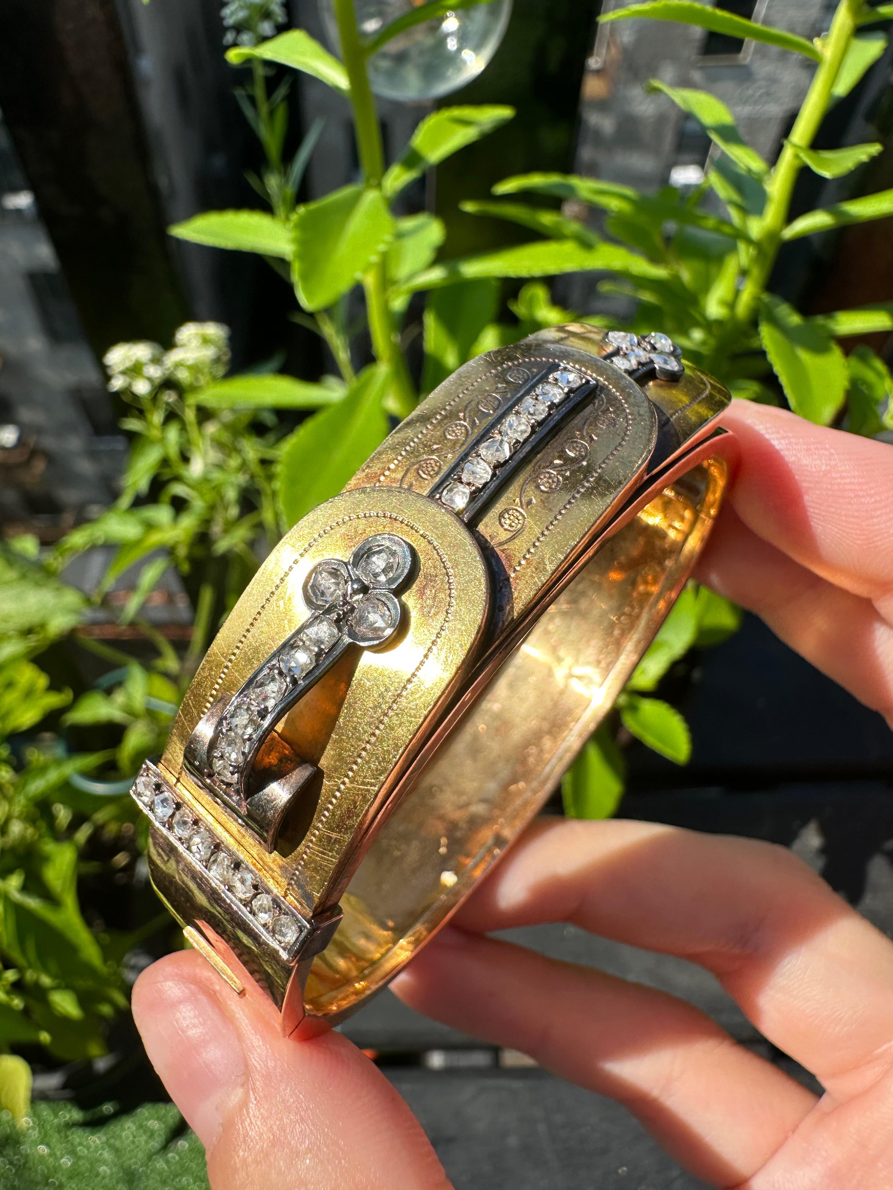 French 18K Yellow Gold Rose Cut Diamond Bangle For Sale 1
