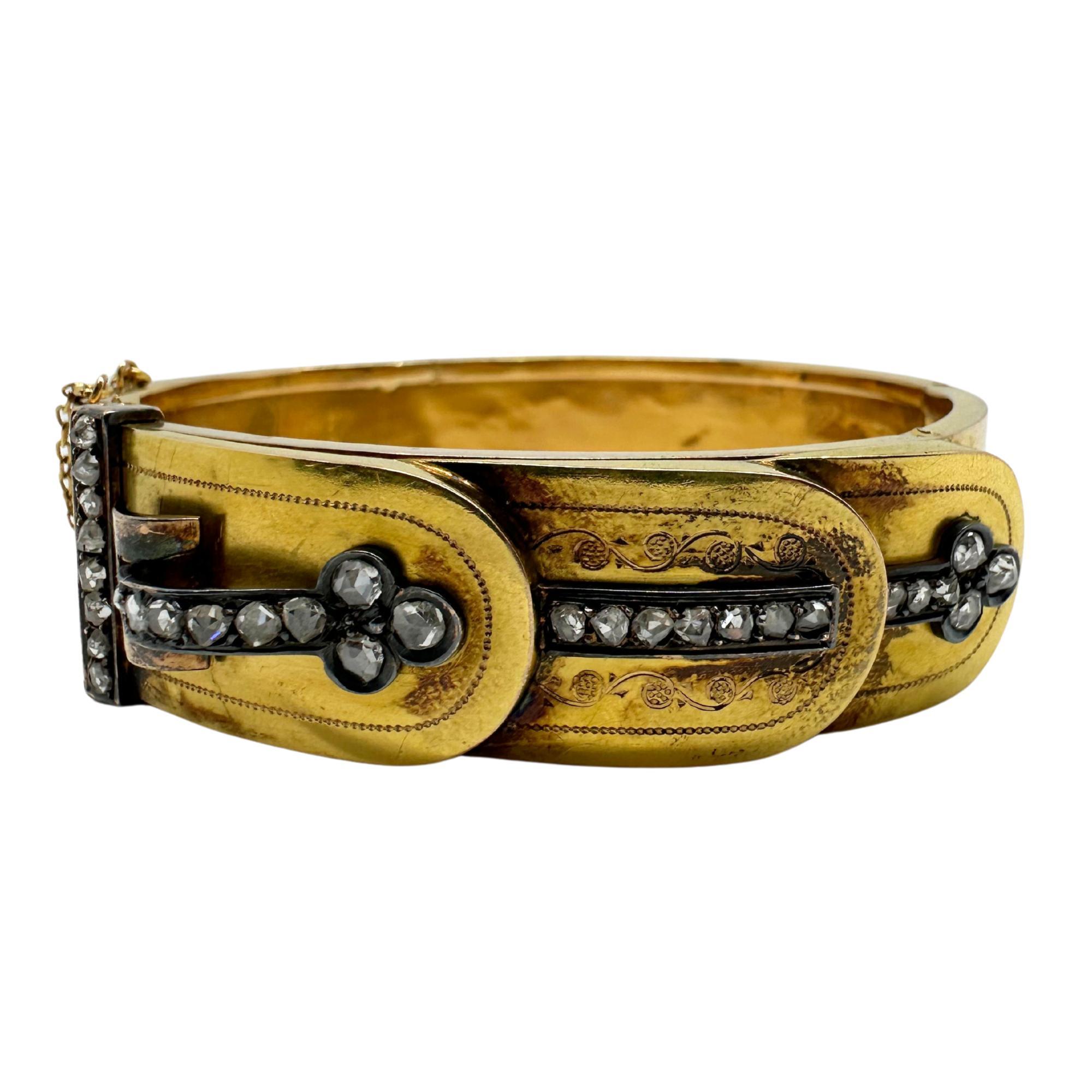 French 18K Yellow Gold Rose Cut Diamond Bangle For Sale 3