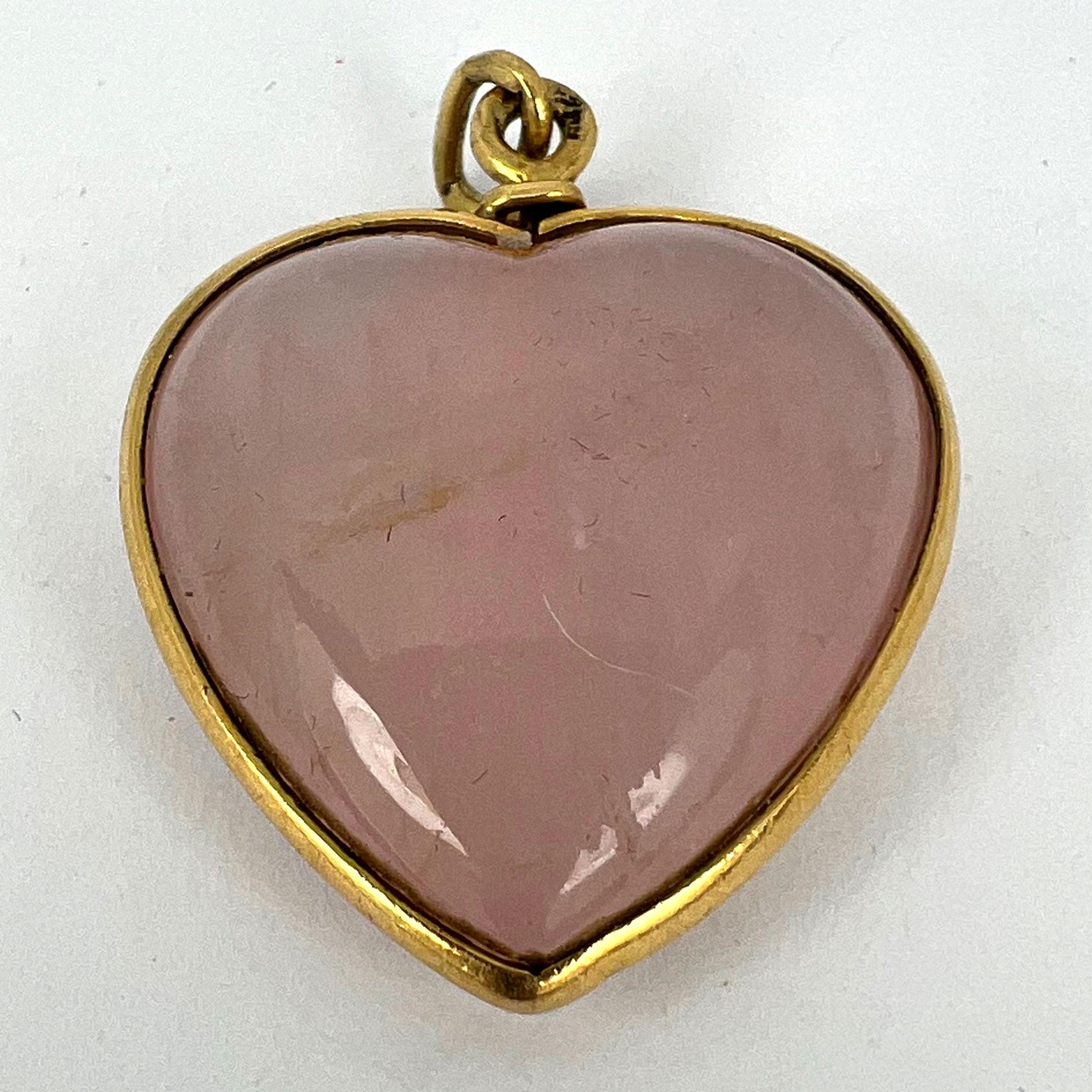 French 18K Yellow Gold Rose Quartz Heart Charm Pendant For Sale 8