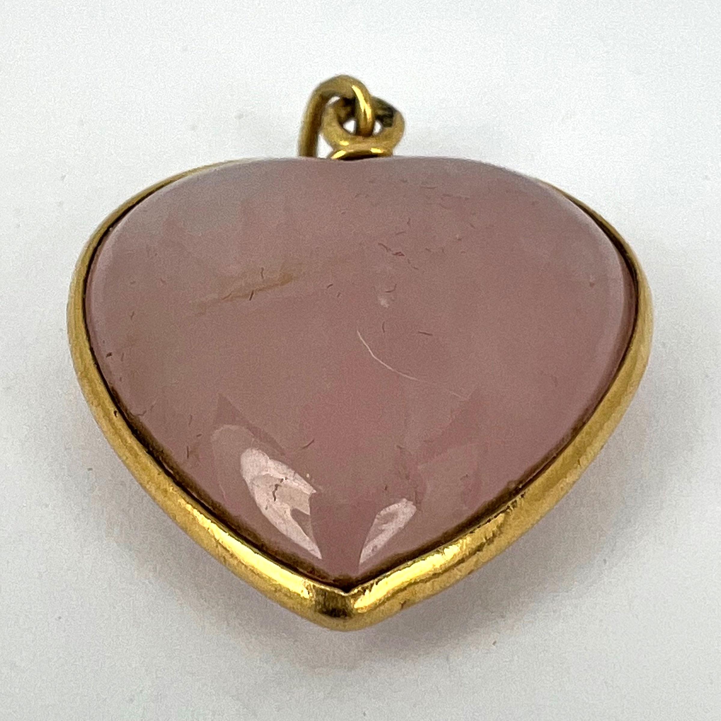 French 18K Yellow Gold Rose Quartz Heart Charm Pendant For Sale 9