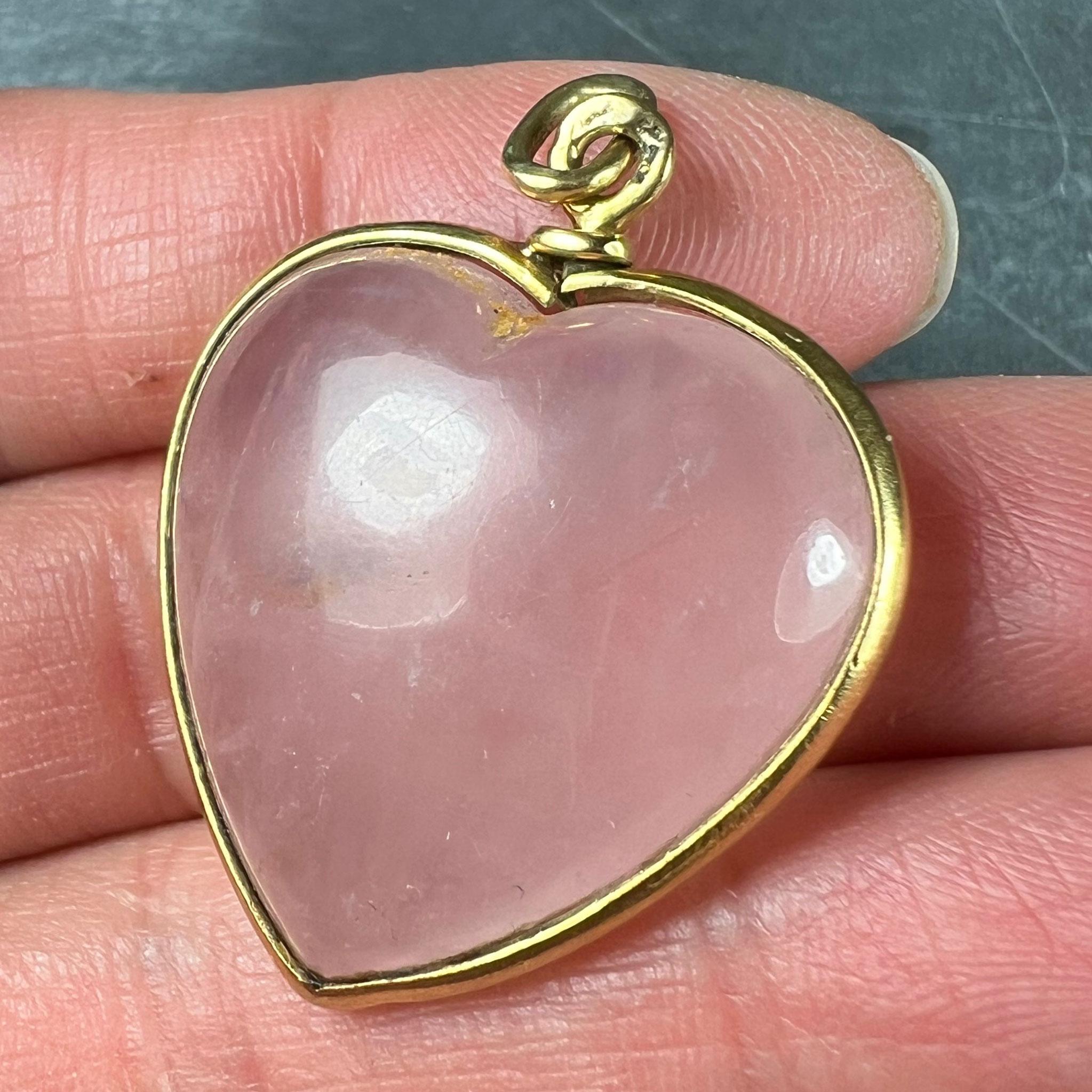 French 18K Yellow Gold Rose Quartz Heart Charm Pendant For Sale 4