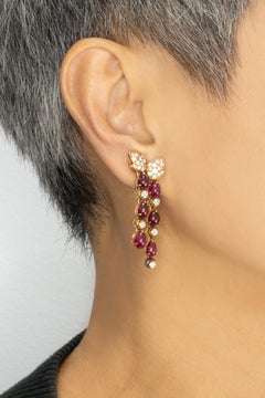 French 18K Yellow Gold Ruby and Diamond Drop Earrings