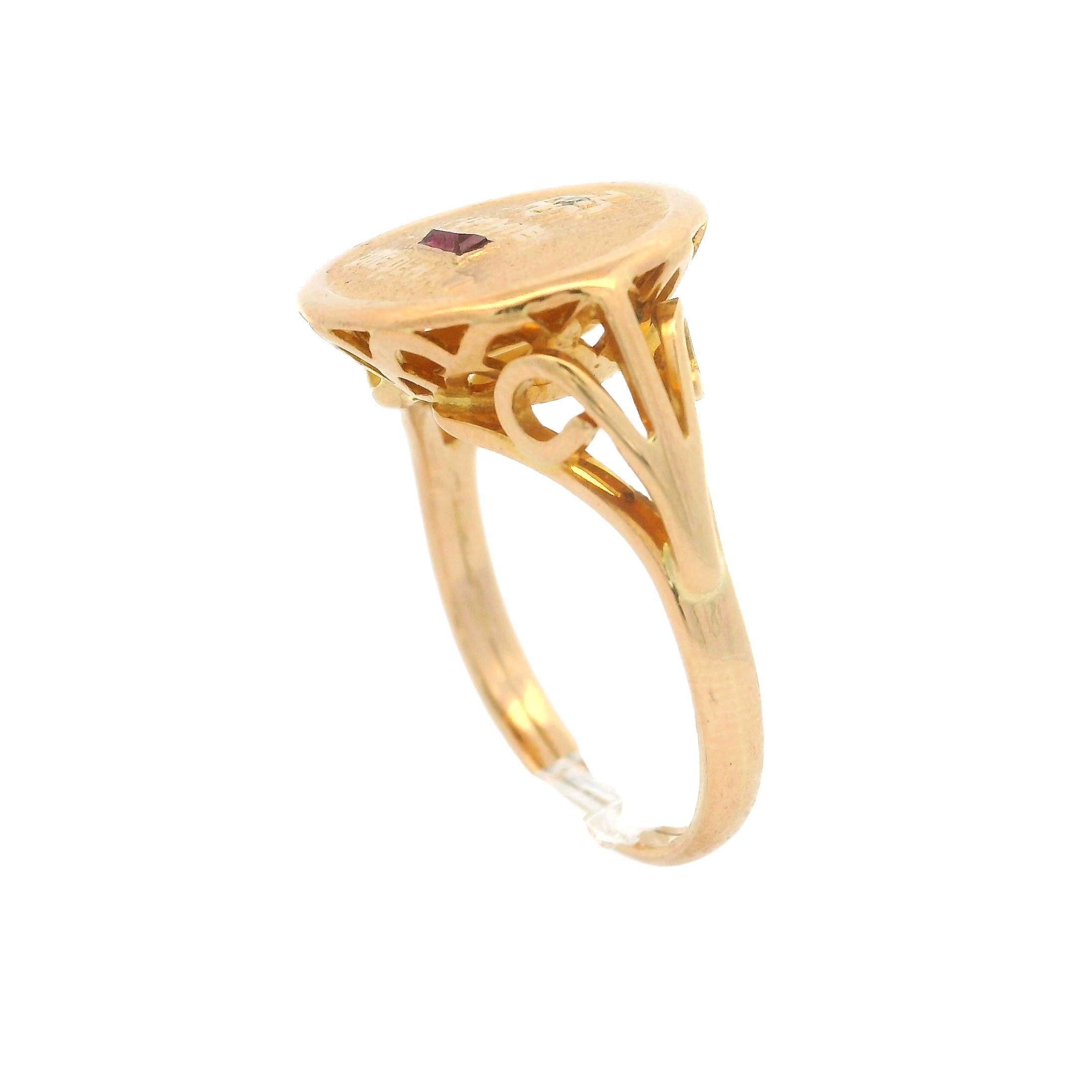 Anillo Francés de Oro Amarillo de 18k con Rubí y Diamante Redondo de la Señal del Amor 5
