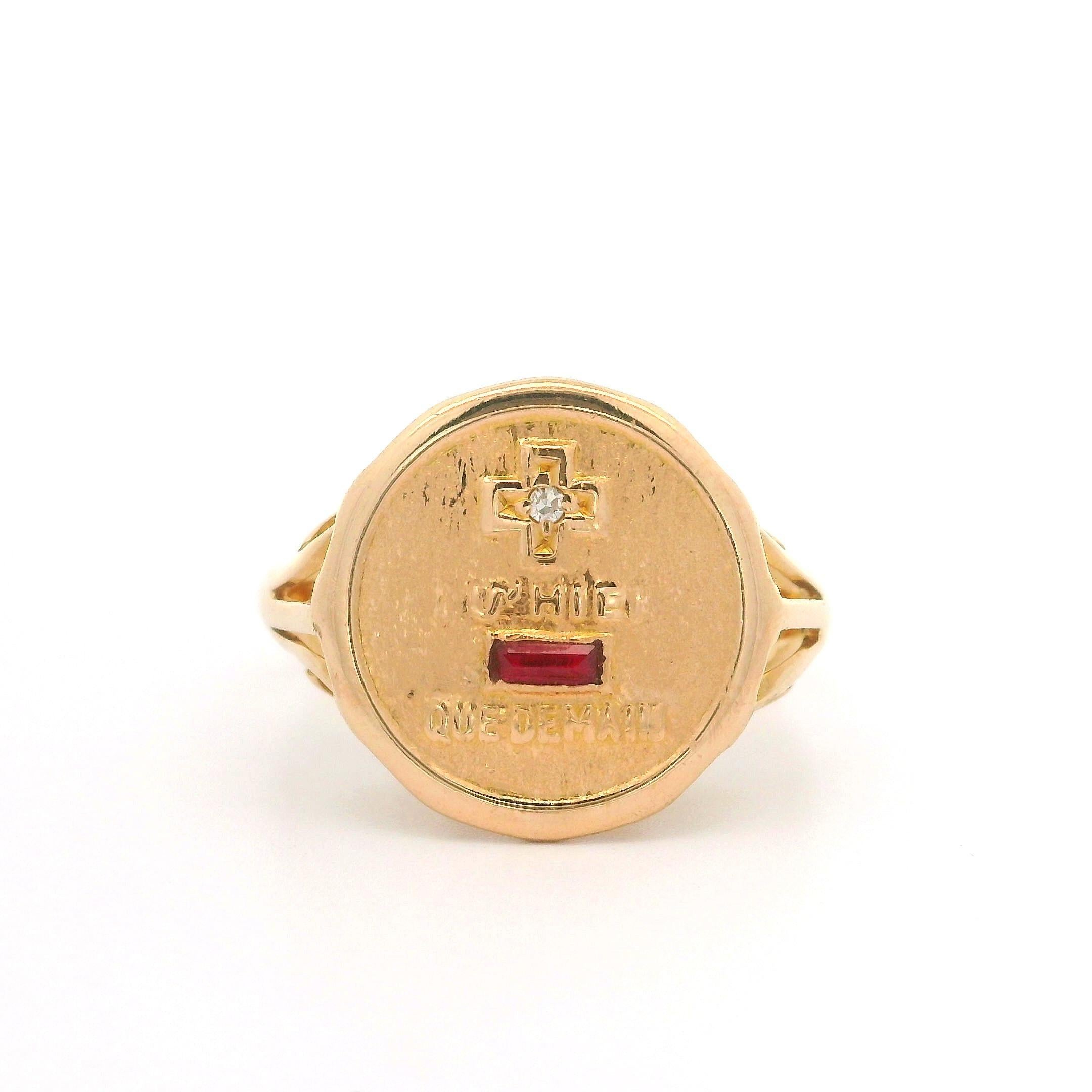 De las mujeres Anillo Francés de Oro Amarillo de 18k con Rubí y Diamante Redondo de la Señal del Amor