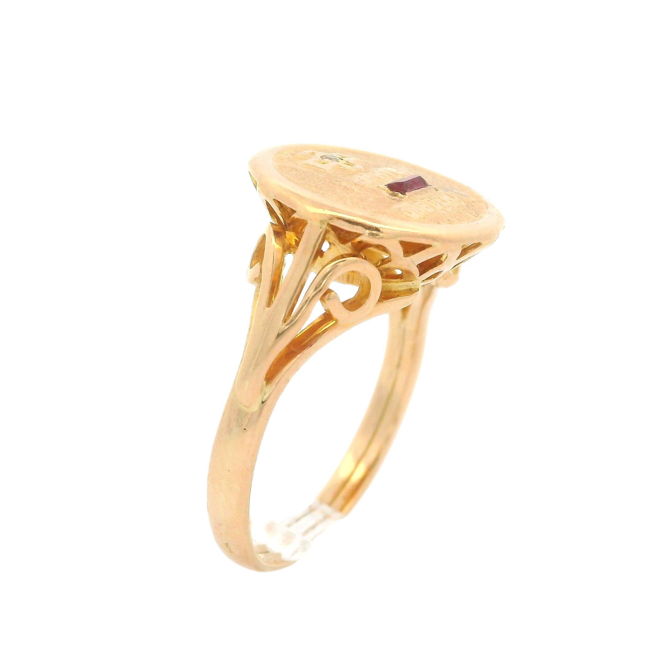 Anillo Francés de Oro Amarillo de 18k con Rubí y Diamante Redondo de la Señal del Amor 3