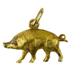 French 18k Yellow Gold Ruby Pig Charm Pendant