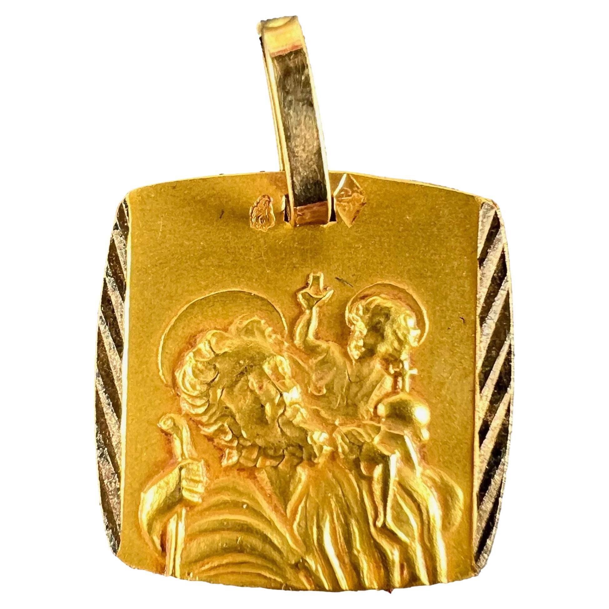 Pendentif en or jaune 18K avec breloque religieuse Saint-Christophe French