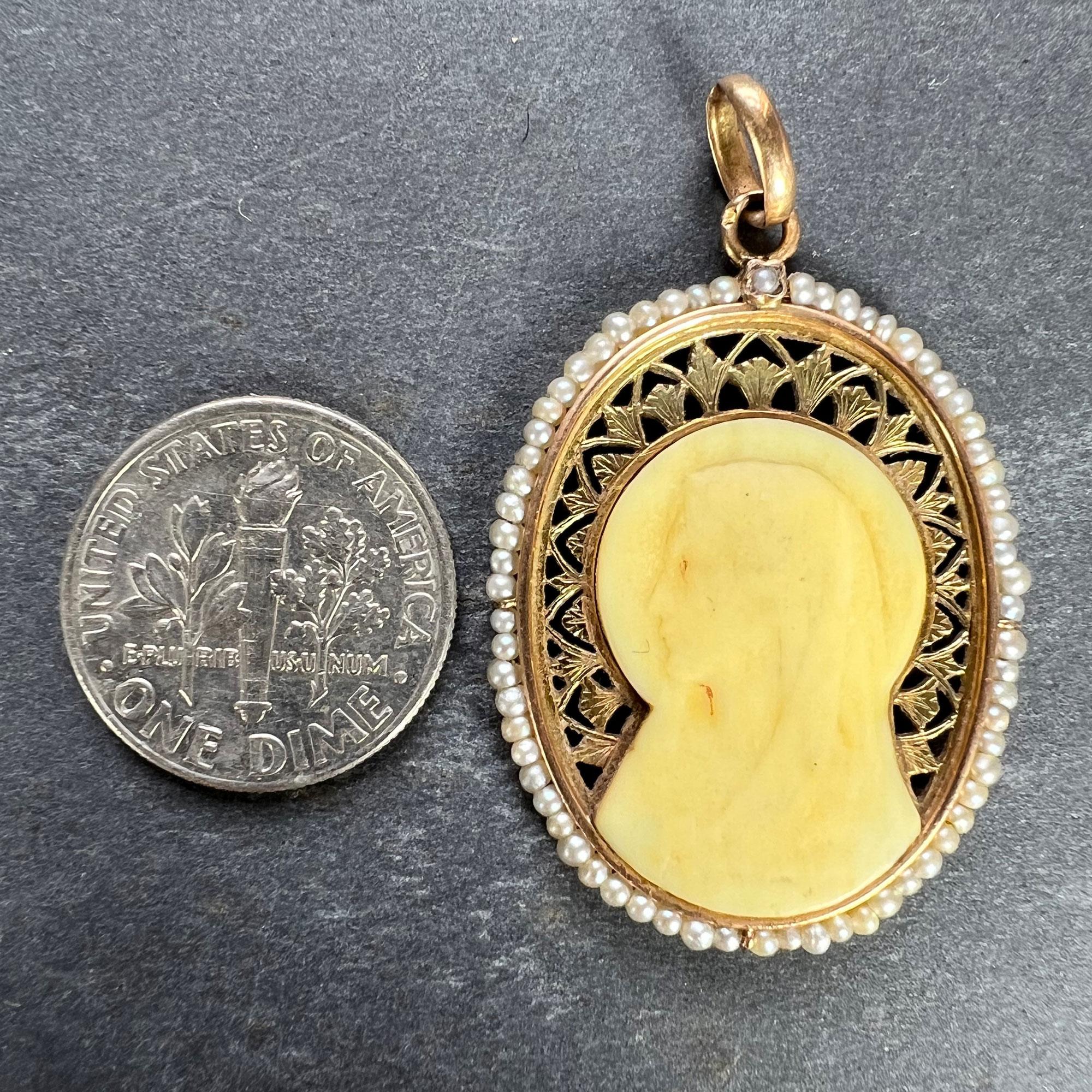 French 18K Yellow Gold Seed Pearl Bakelite Virgin Mary Charm Pendant For Sale 5