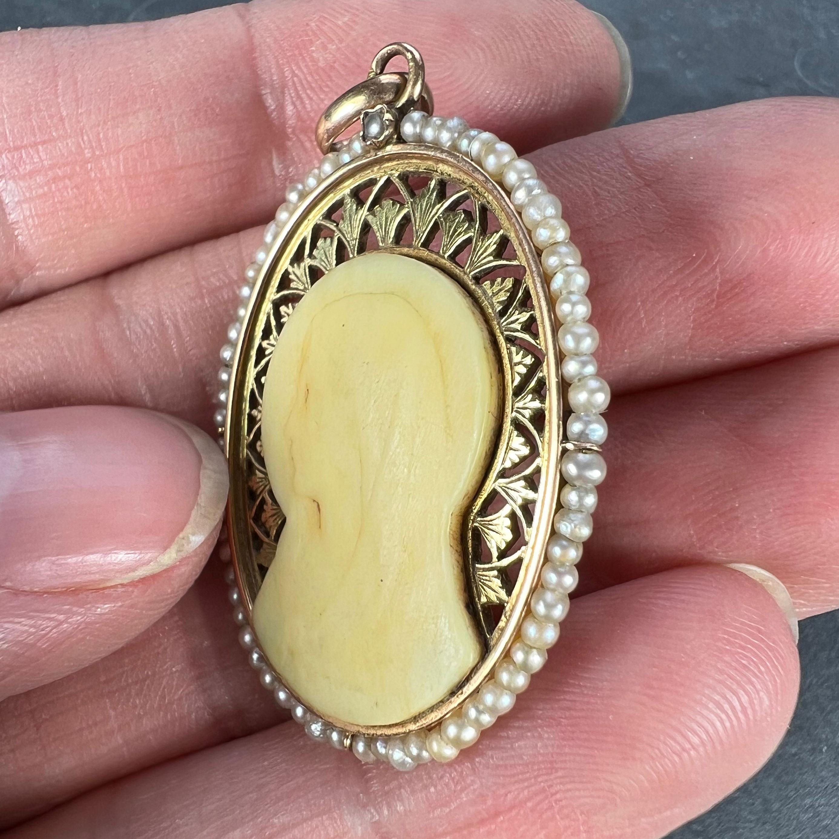 French 18K Yellow Gold Seed Pearl Bakelite Virgin Mary Charm Pendant For Sale 1