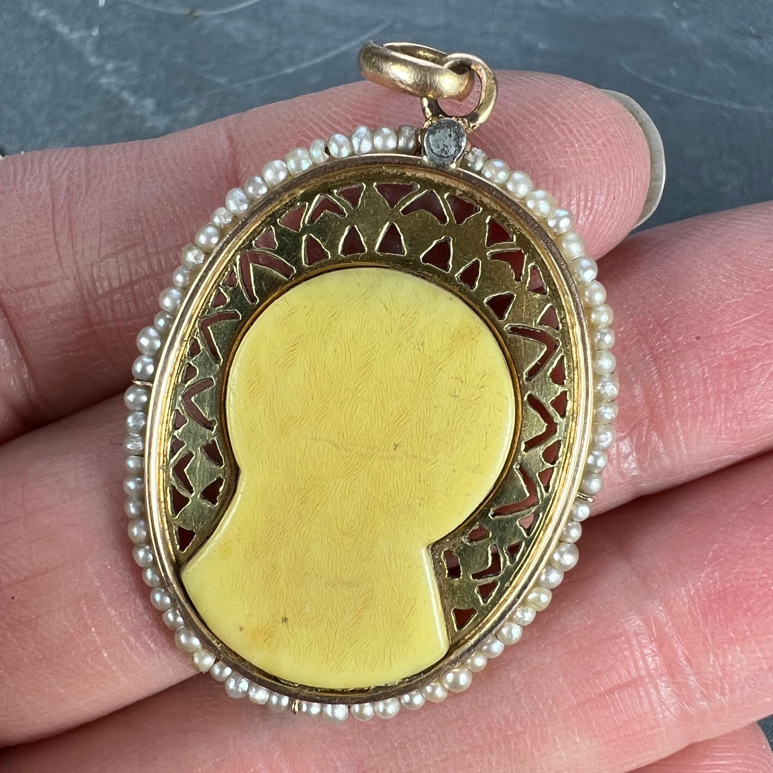 French 18K Yellow Gold Seed Pearl Bakelite Virgin Mary Charm Pendant For Sale 3