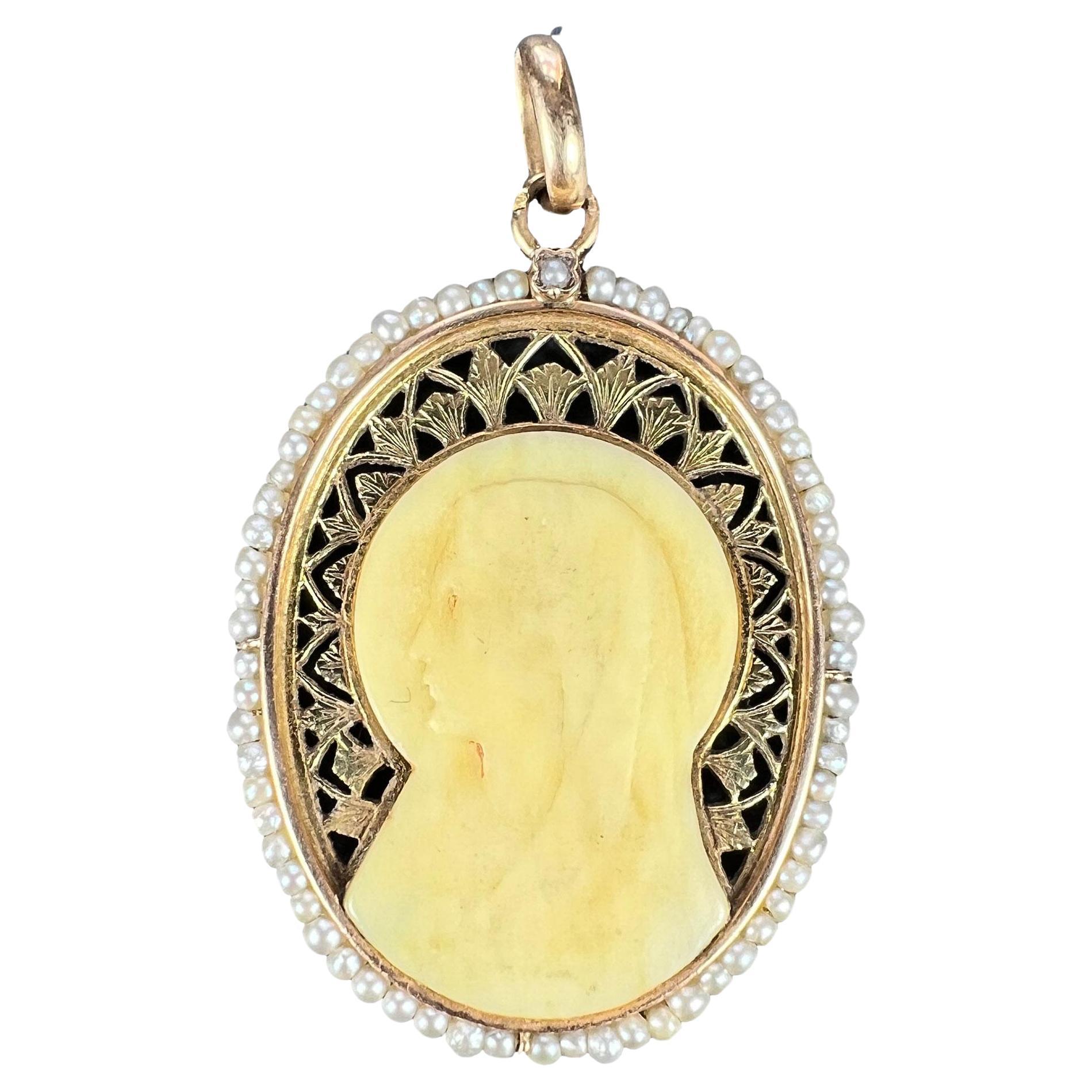 French 18K Yellow Gold Seed Pearl Bakelite Virgin Mary Charm Pendant