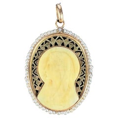 Vintage French 18K Yellow Gold Seed Pearl Bakelite Virgin Mary Charm Pendant