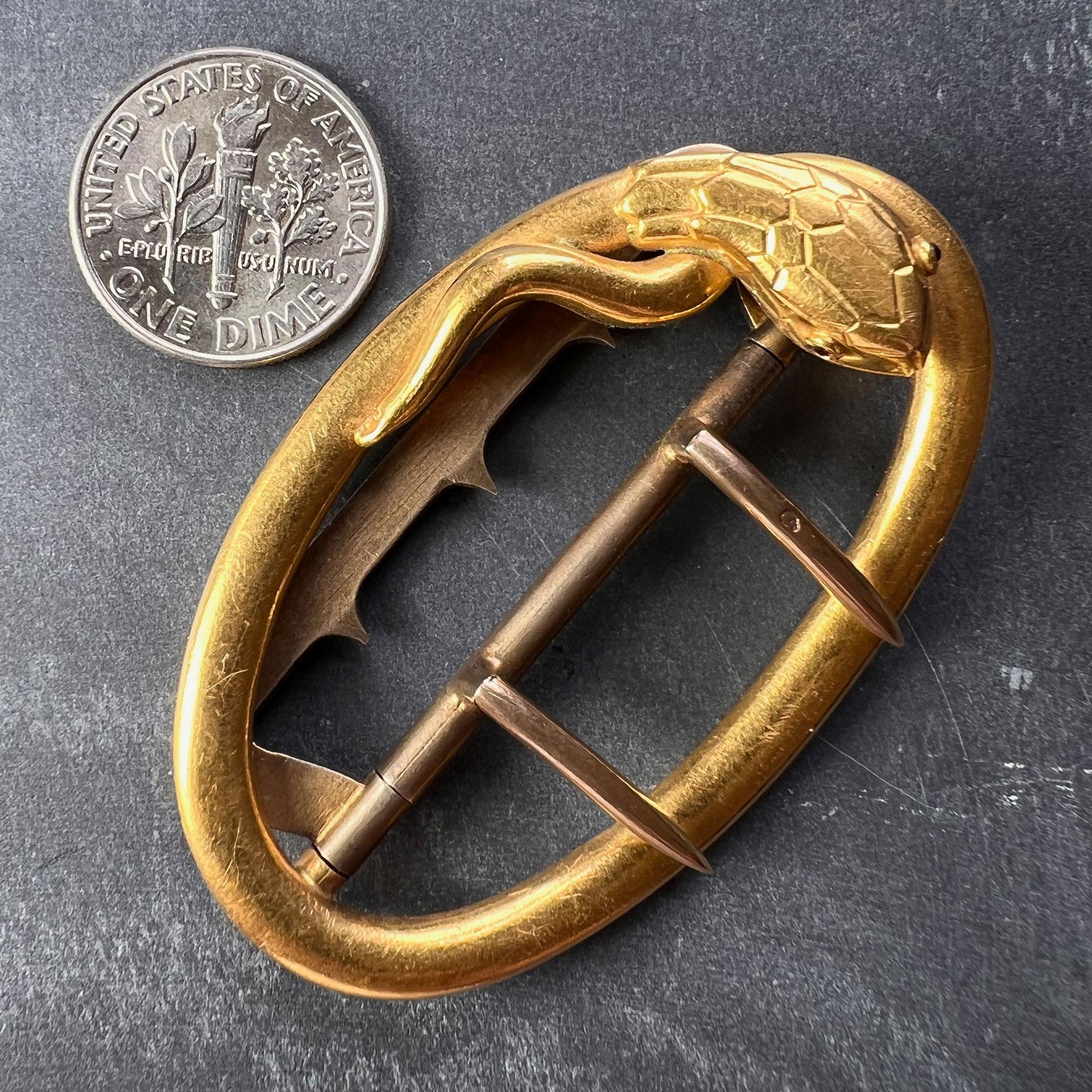 French 18K Yellow Gold Silver Garnet Snake Belt Buckle For Sale 1