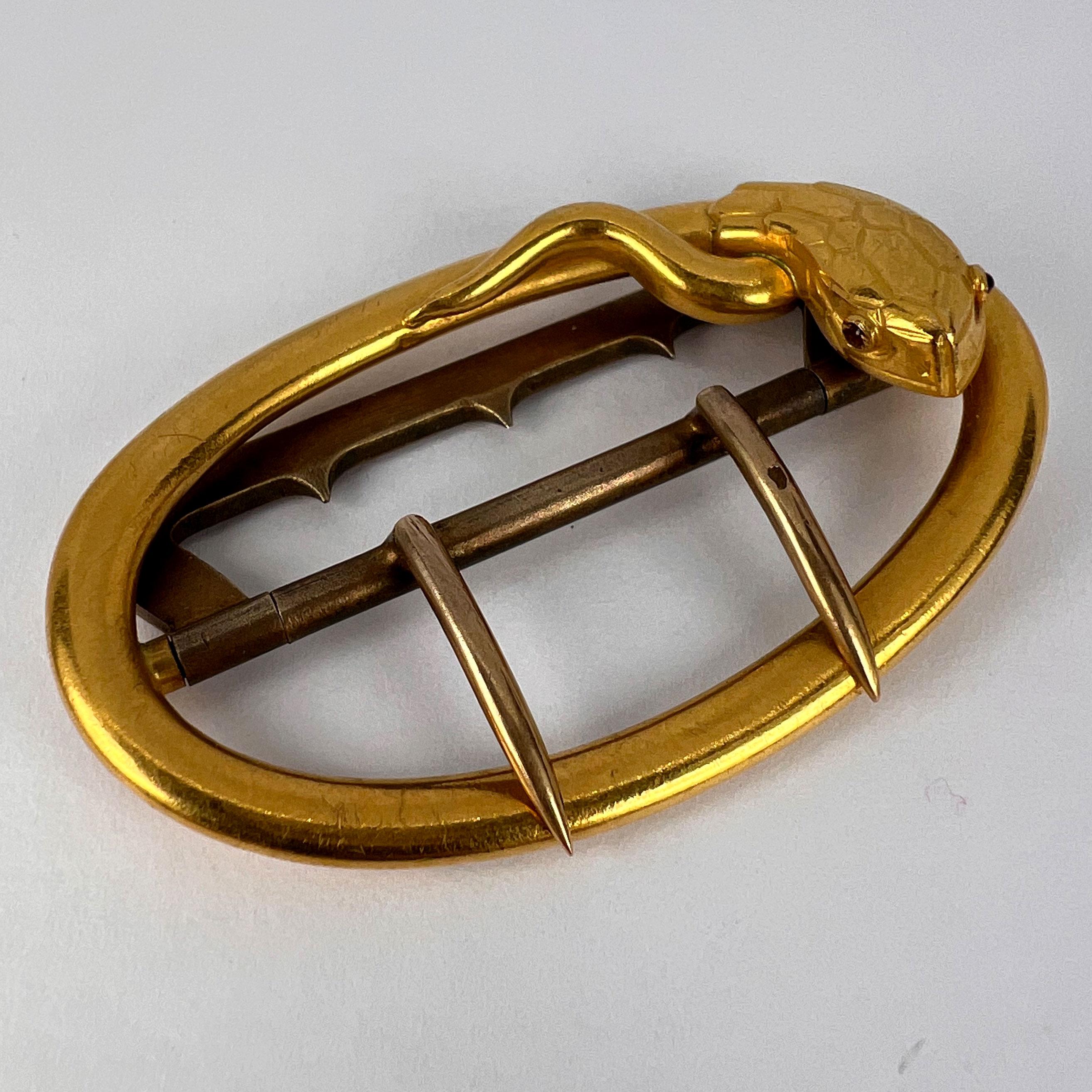 French 18K Yellow Gold Silver Garnet Snake Belt Buckle For Sale 2