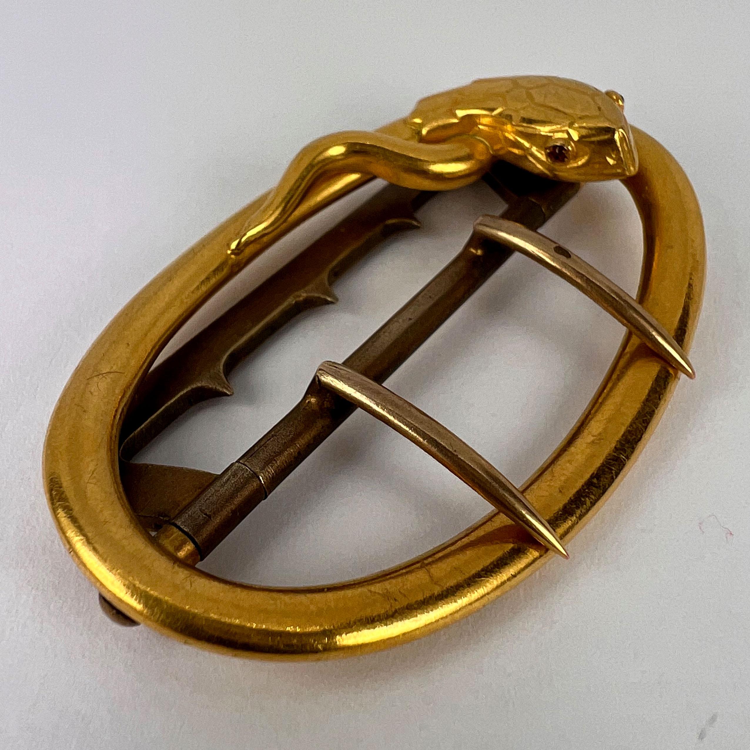 French 18K Yellow Gold Silver Garnet Snake Belt Buckle For Sale 3