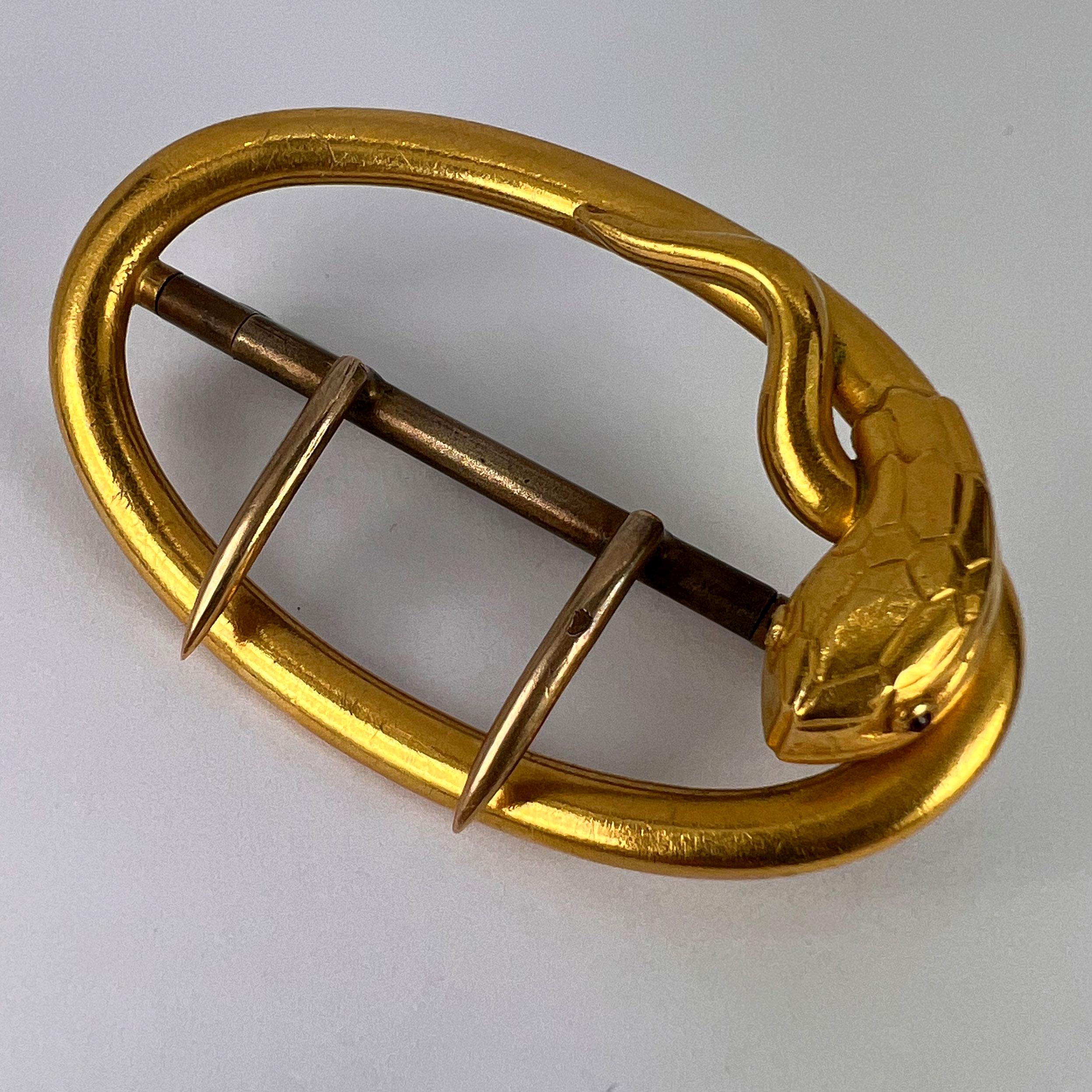 French 18K Yellow Gold Silver Garnet Snake Belt Buckle For Sale 5