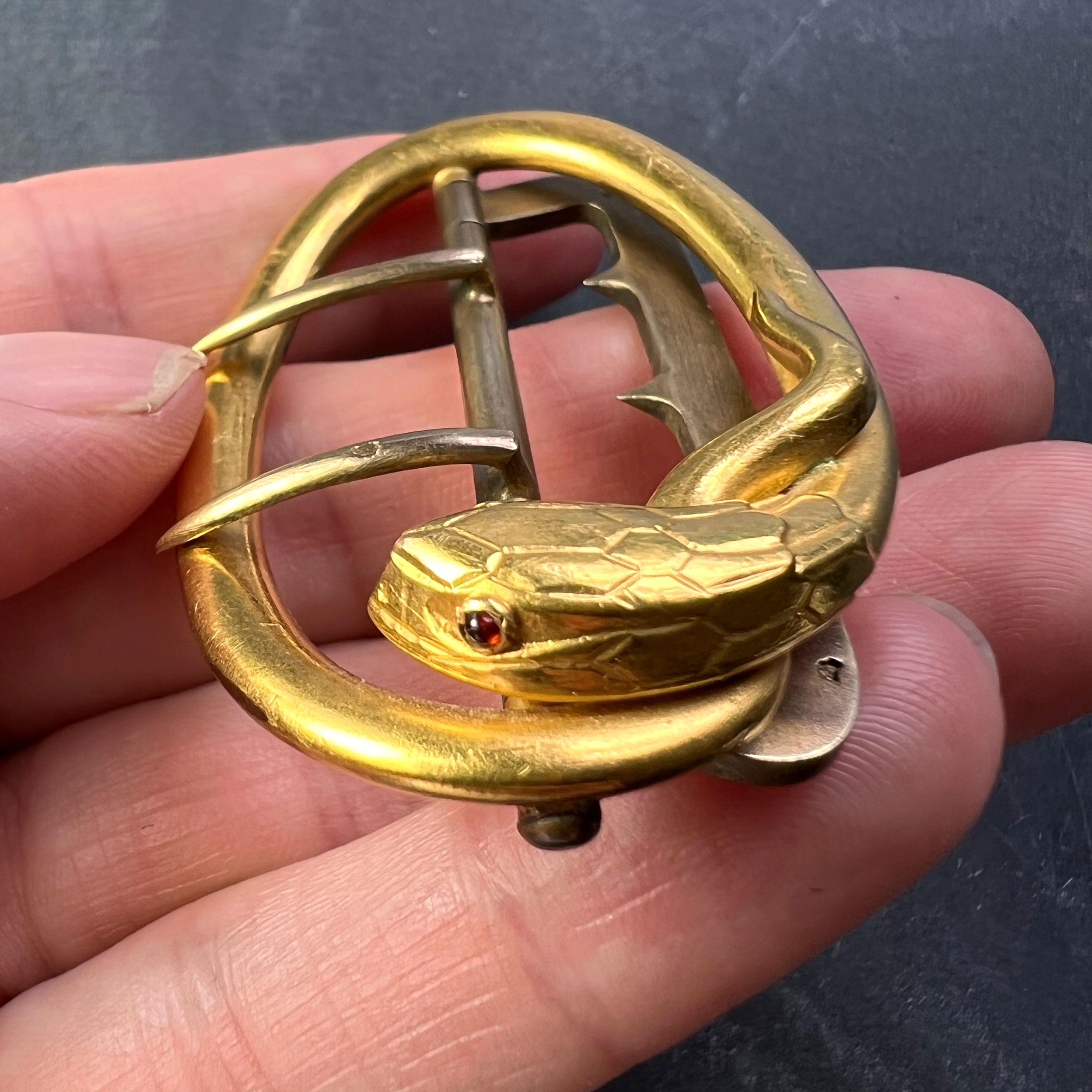 Art Nouveau French 18K Yellow Gold Silver Garnet Snake Belt Buckle For Sale