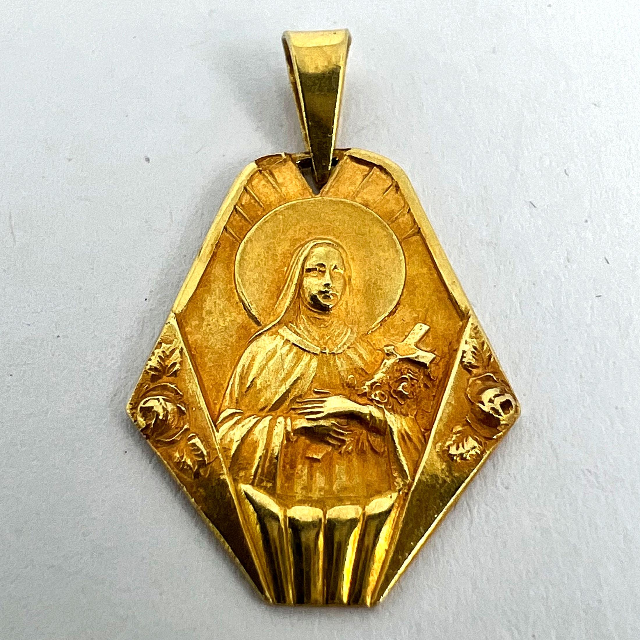 French 18K Yellow Gold St Therese Charm Pendant For Sale 8