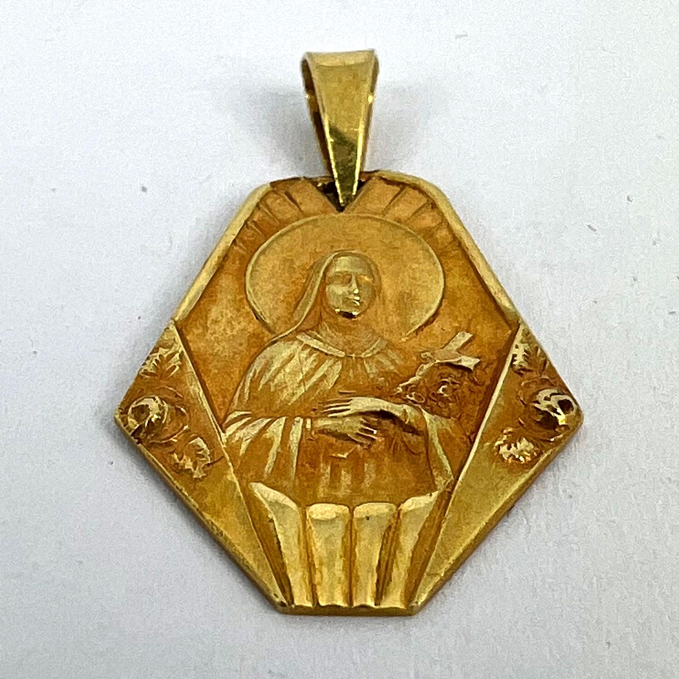 French 18K Yellow Gold St Therese Charm Pendant For Sale 9