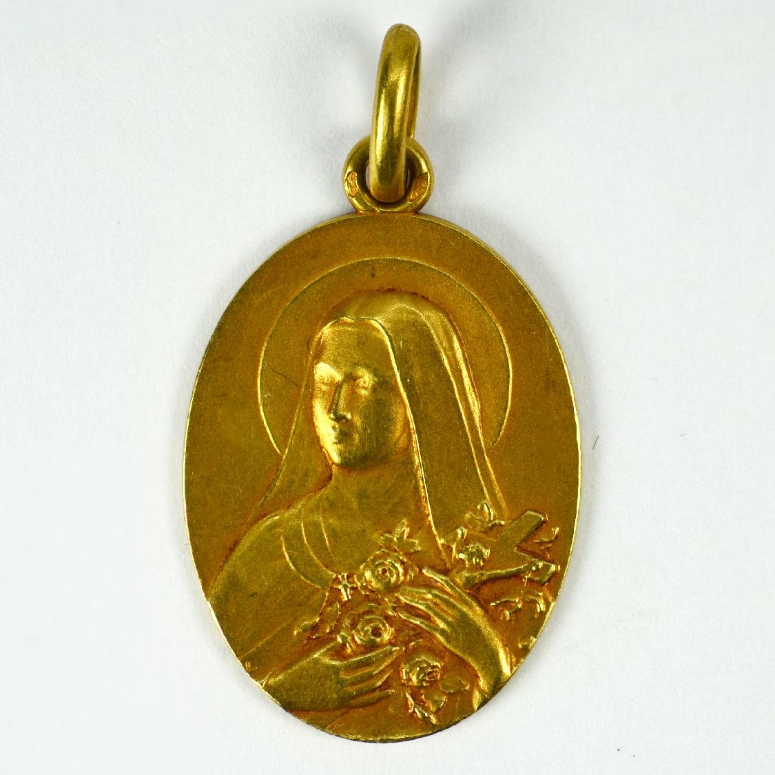 Women's or Men's French 18K Yellow Gold St Therese Charm Pendant
