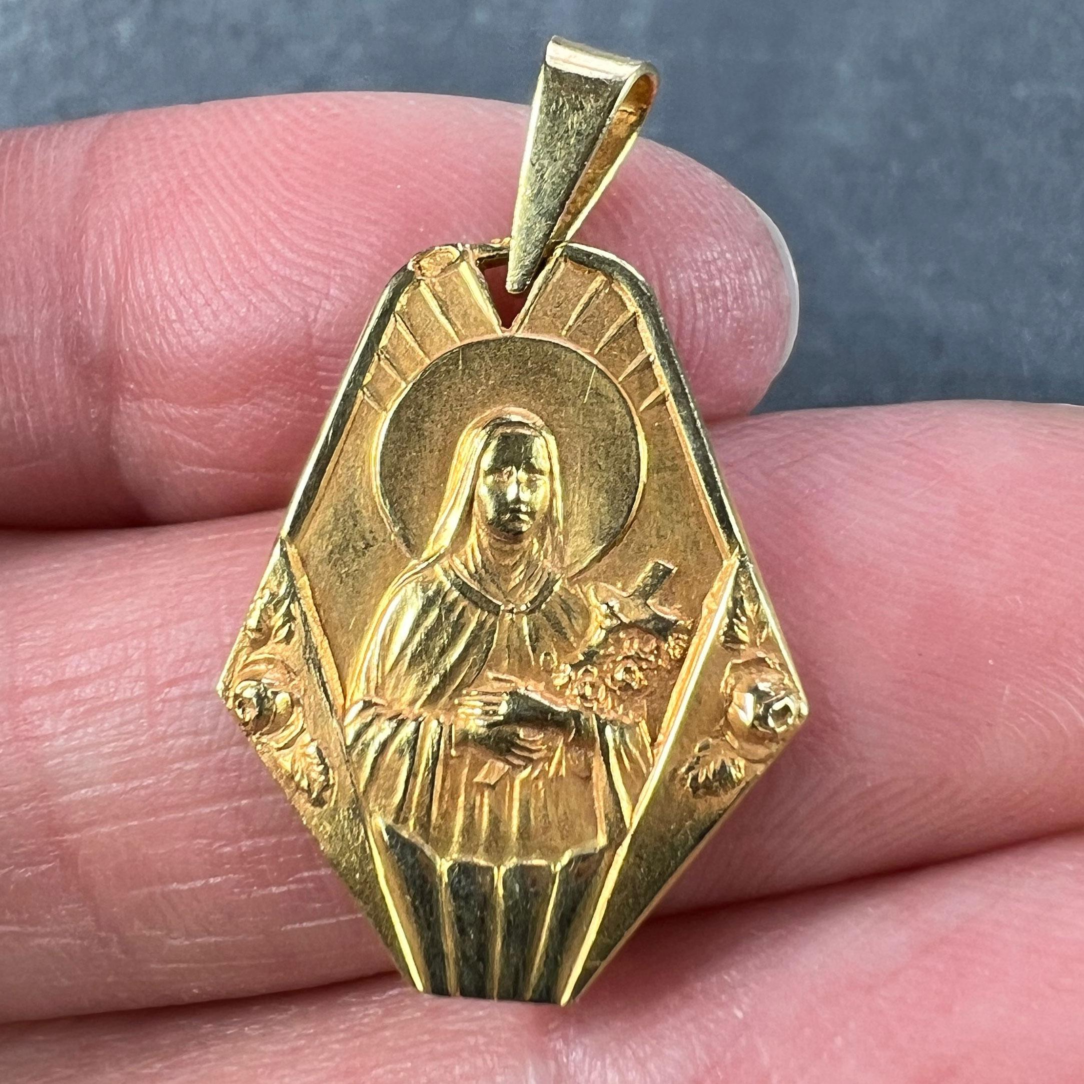 French 18K Yellow Gold St Therese Charm Pendant For Sale 1