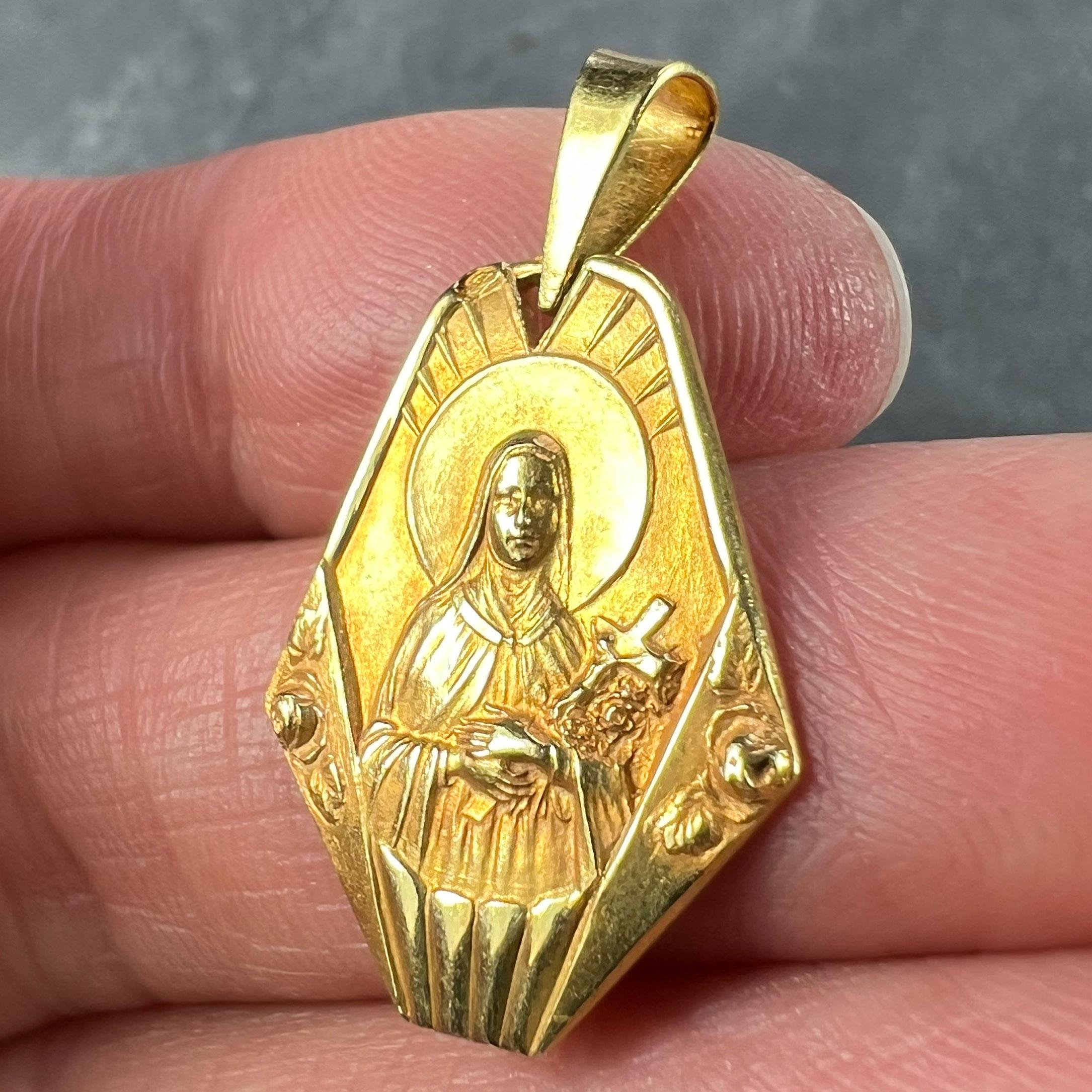 French 18K Yellow Gold St Therese Charm Pendant For Sale 2