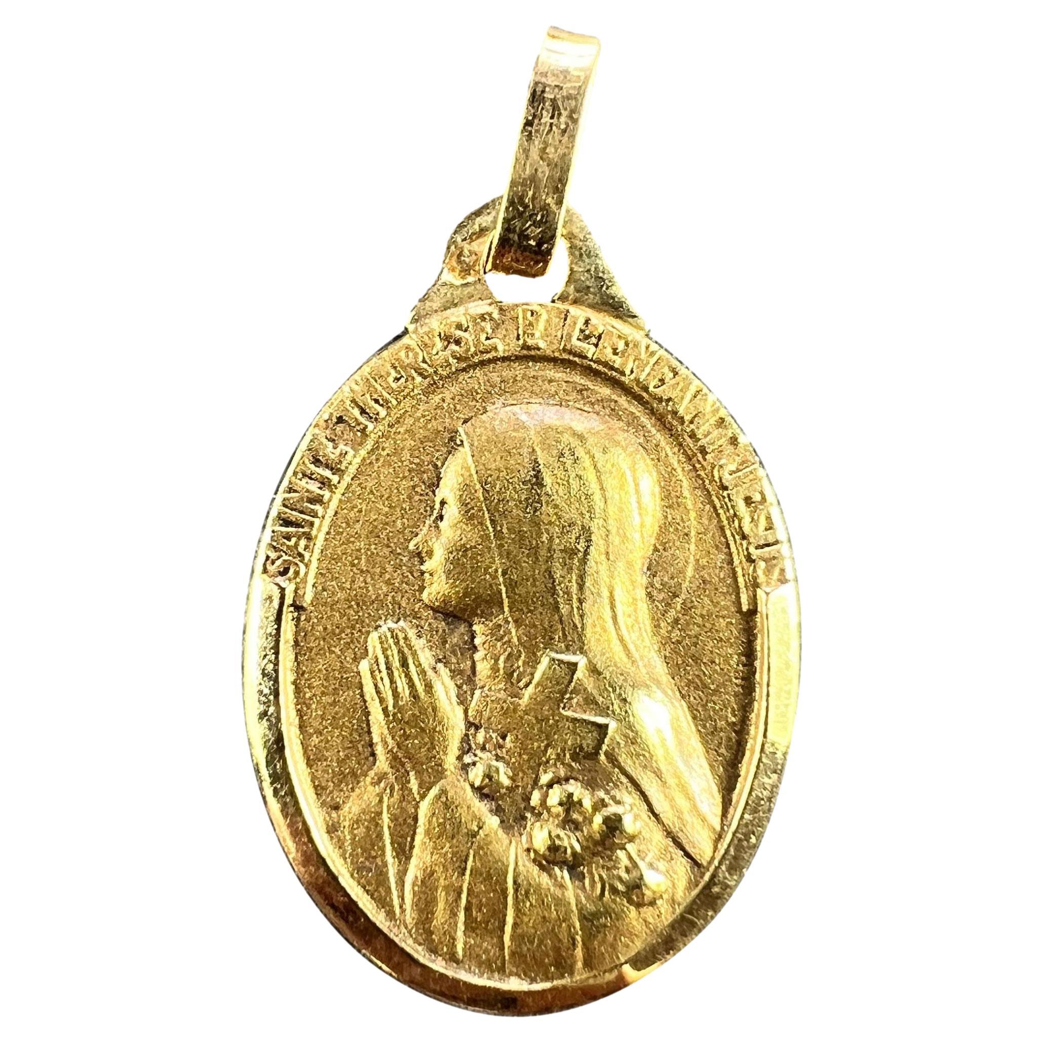 French 18K Yellow Gold St Therese Medal Charm Pendant