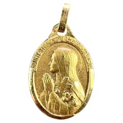French 18K Yellow Gold St Therese Medal Charm Pendant
